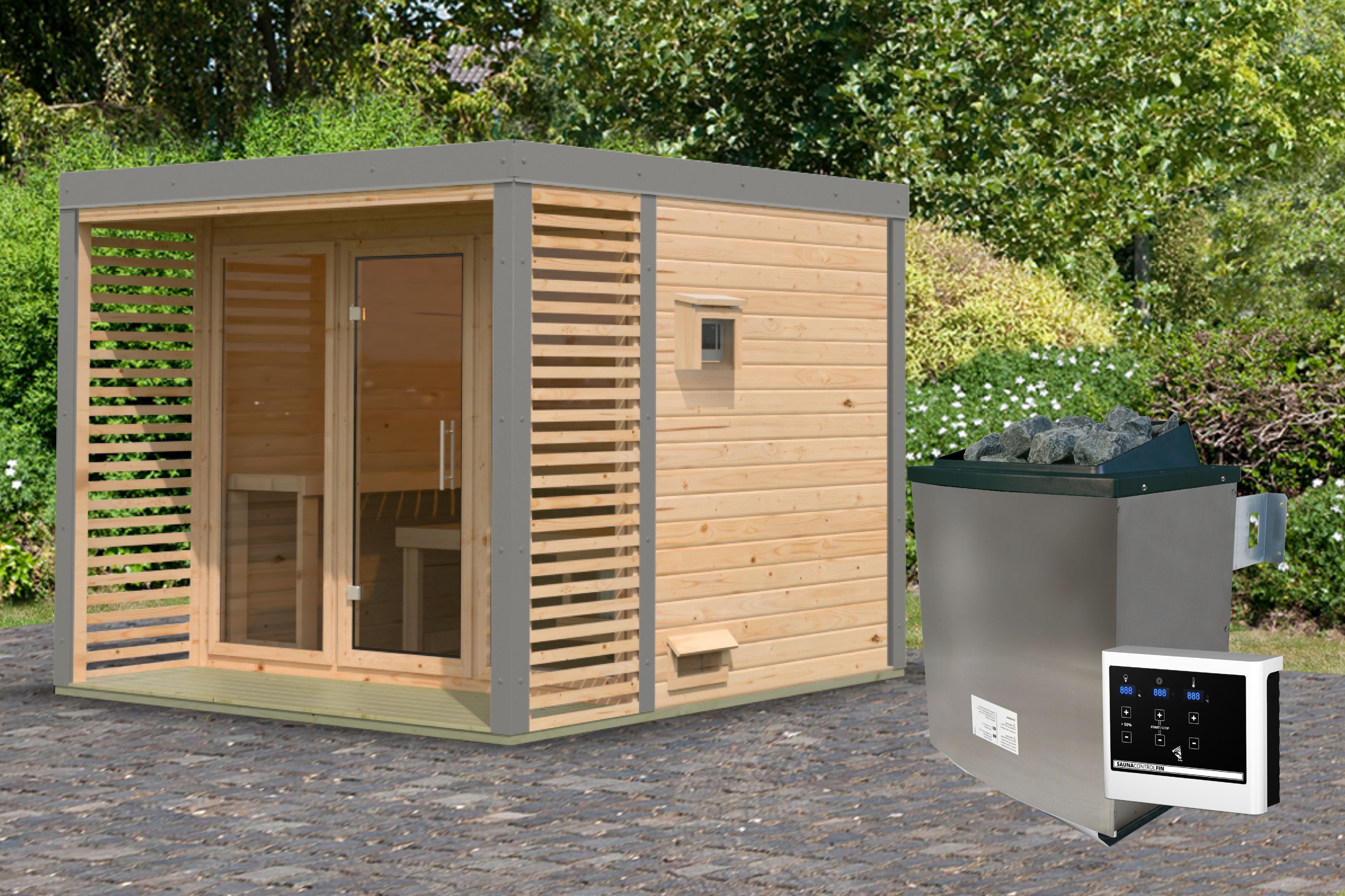 Karibu Saunahaus Ares 3 als Gartensauna aus Massivholz im Garten mit Glasfront