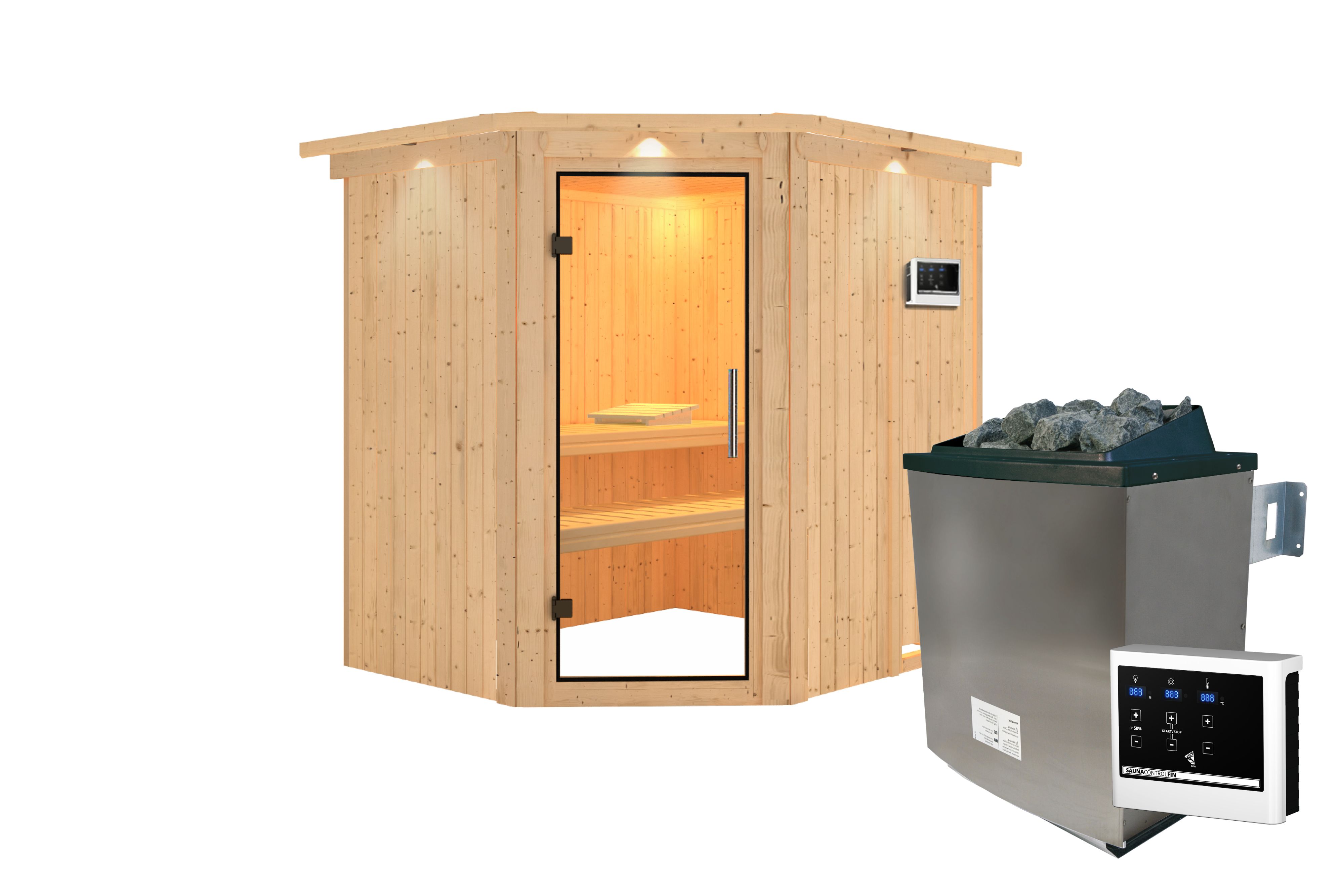 Innenansicht der Karibu Sauna Siirin mit Liegen und Kopfstütze aus hellem Espenholz