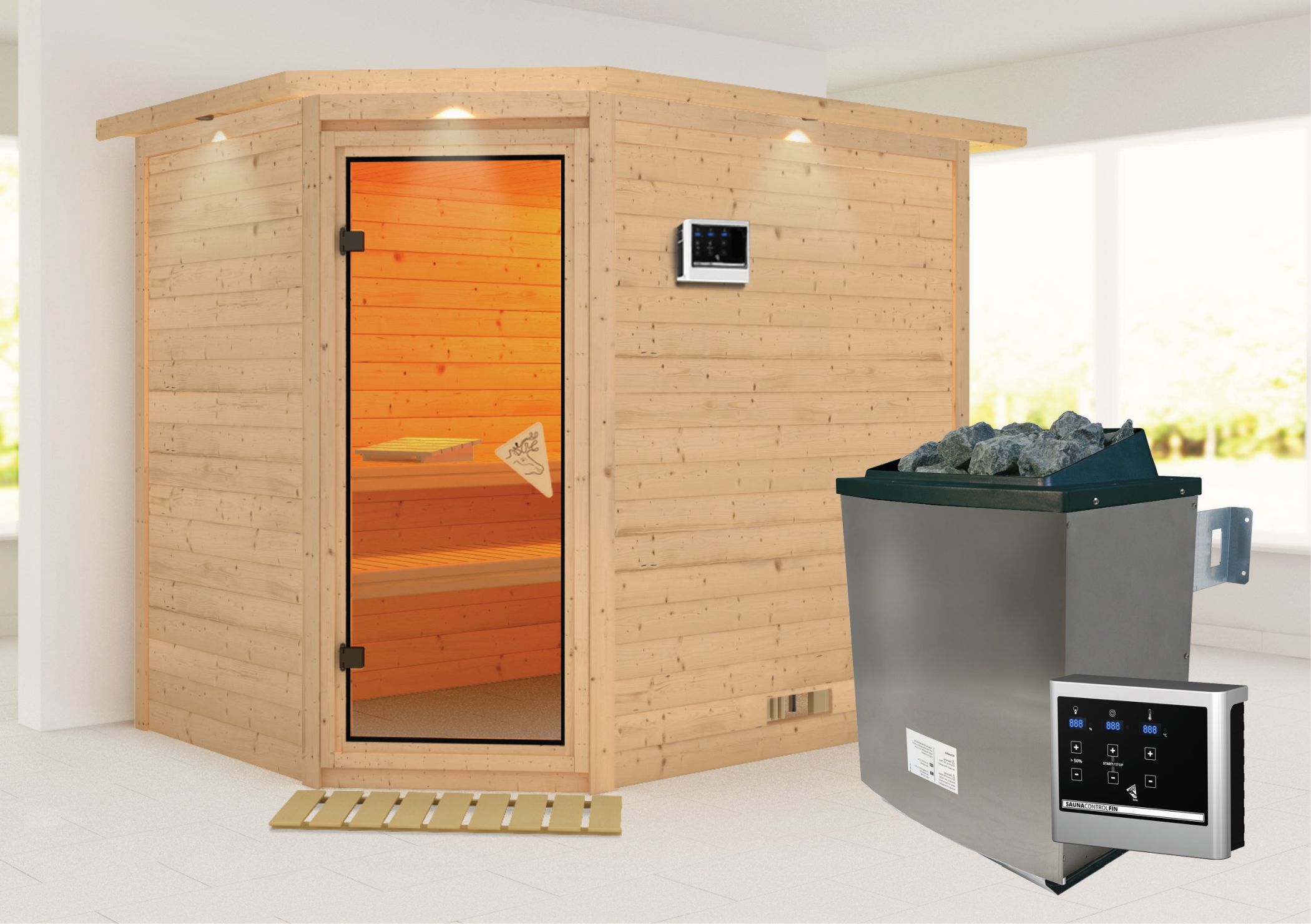 Außenansicht der Karibu Sauna Tanami aus nordischer Fichte mit Ganzglastür und Fronteinstieg