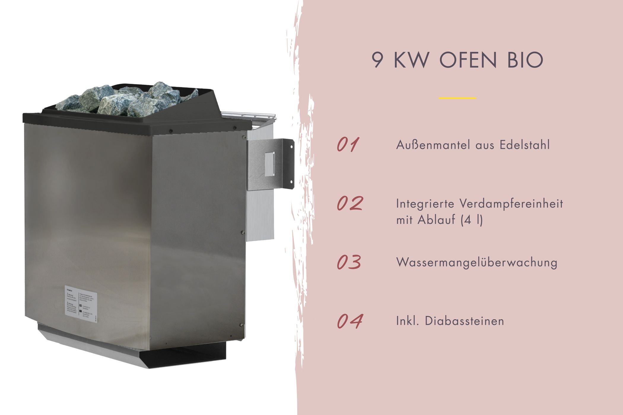 Saunaofen aus Edelstahl inklusive Diabas-Saunasteinen zur Beheizung der Karibu Gartensauna