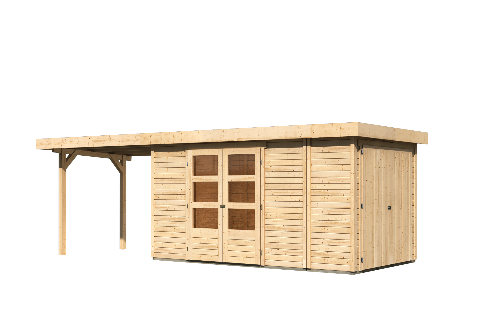 Karibu großes Gerätehaus Retola 5 in Naturbelassen und Anbaudach, Freisteller