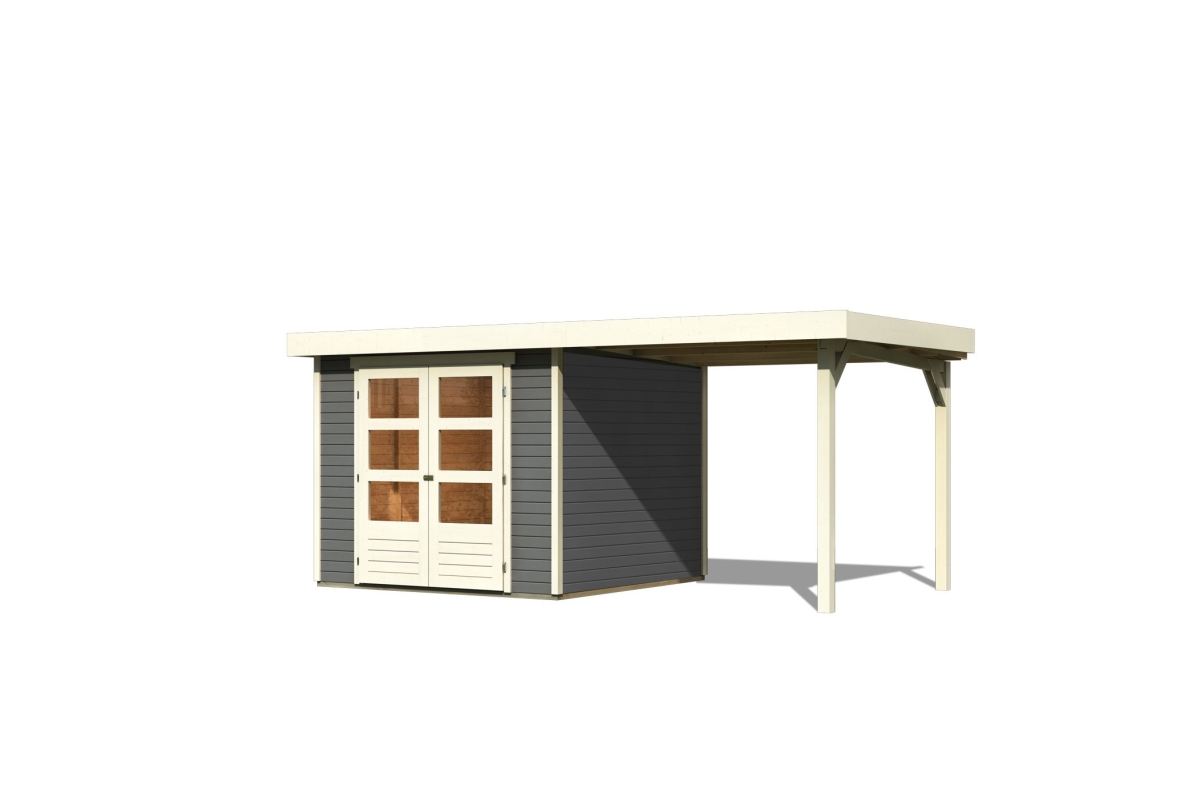 Karibu Gerätehaus Askola 3,5 in Terragrau und Anbaudach, Freisteller