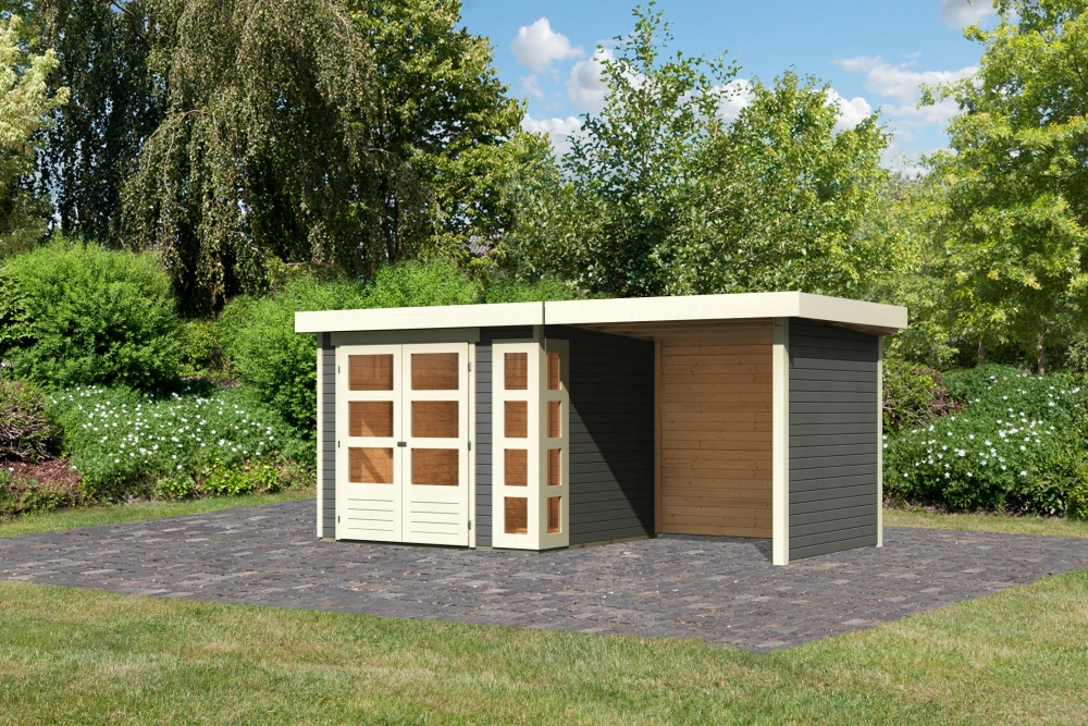 Karibu Gerätehaus Kerko 3 in Terragrau und Anbaudach, Außenansicht