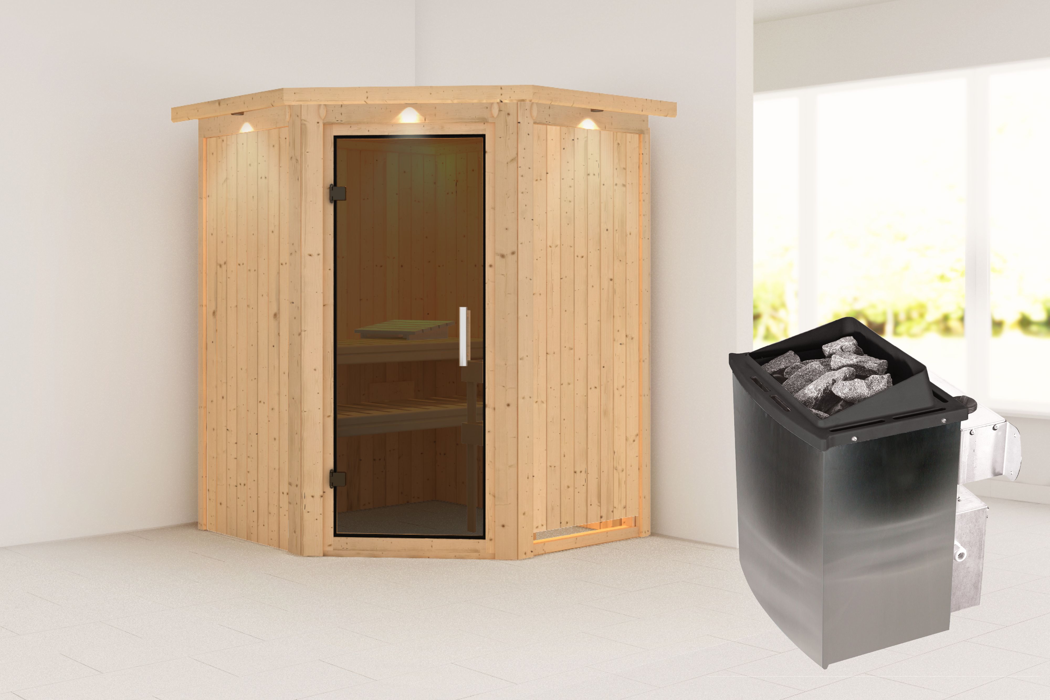 Außenansicht der Karibu Sauna Larin aus nordischer Fichte mit graphitfarbener Ganzglastür und Fronteinstieg