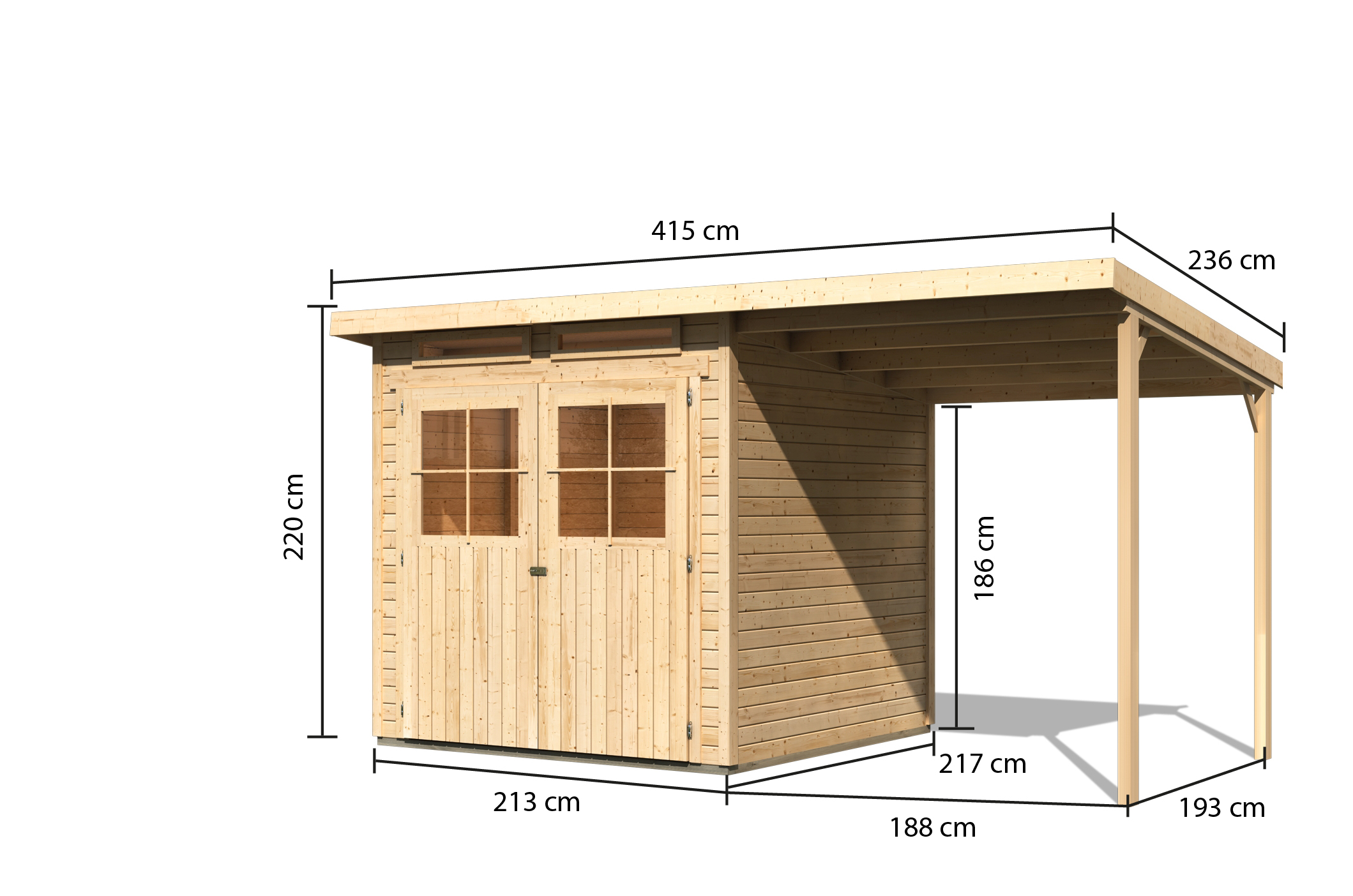 Bemaßte Maßzeichnung des Karibu Gerätehaus Glücksburg 3 mit Anbaudach, 415 × 236 cm