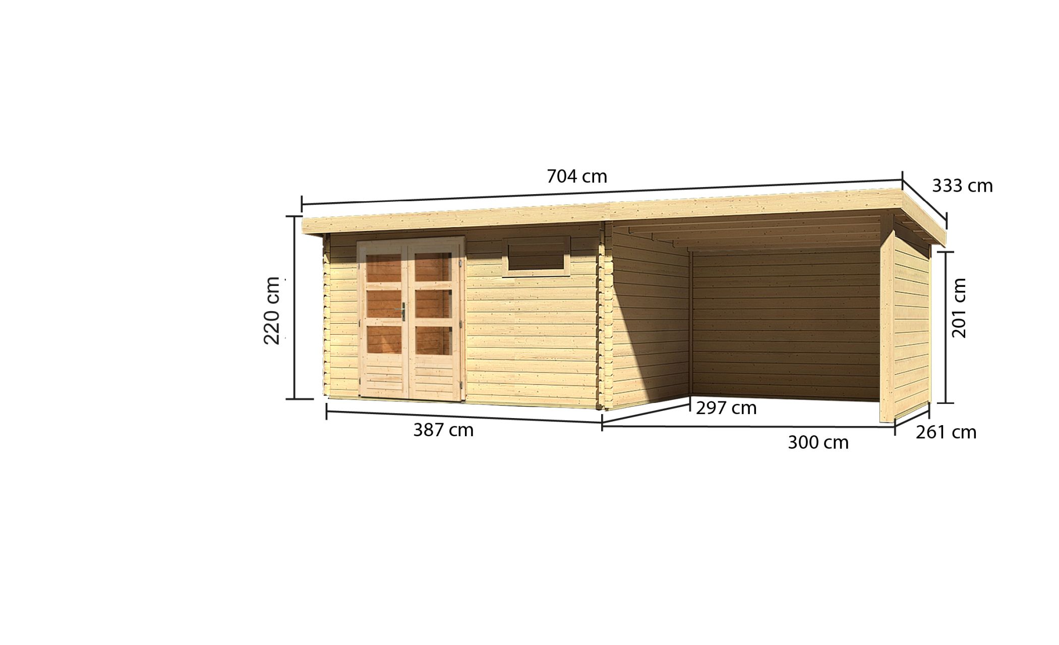 Bemaßte Maßzeichnung des Karibu Gartenhaus Bastrup 8 mit Anbaudach, 704 × 333 cm