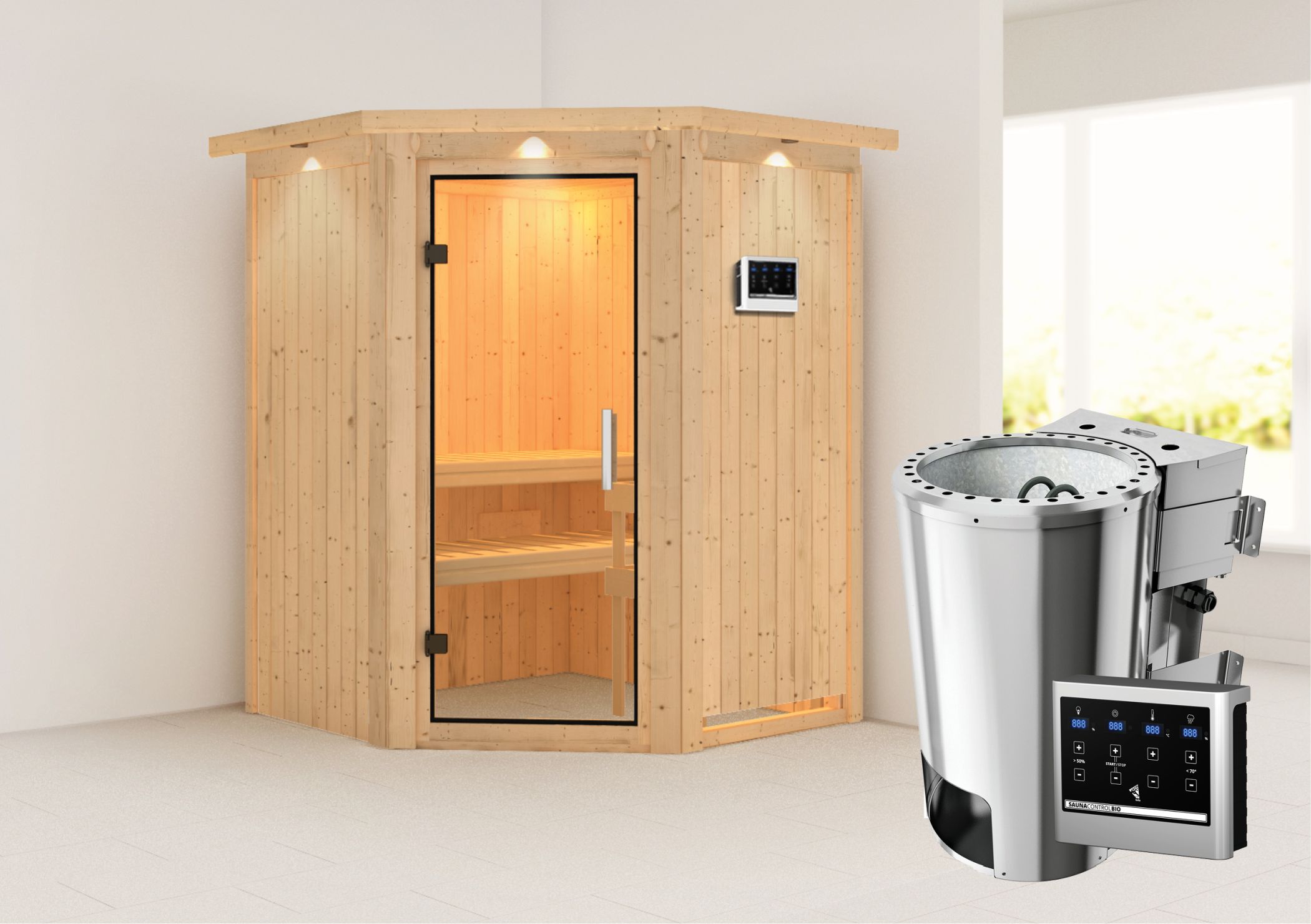 Außenansicht der Karibu Sauna Nanja aus nordischer Fichte mit Klarglas-Ganzglastür und Fronteinstieg