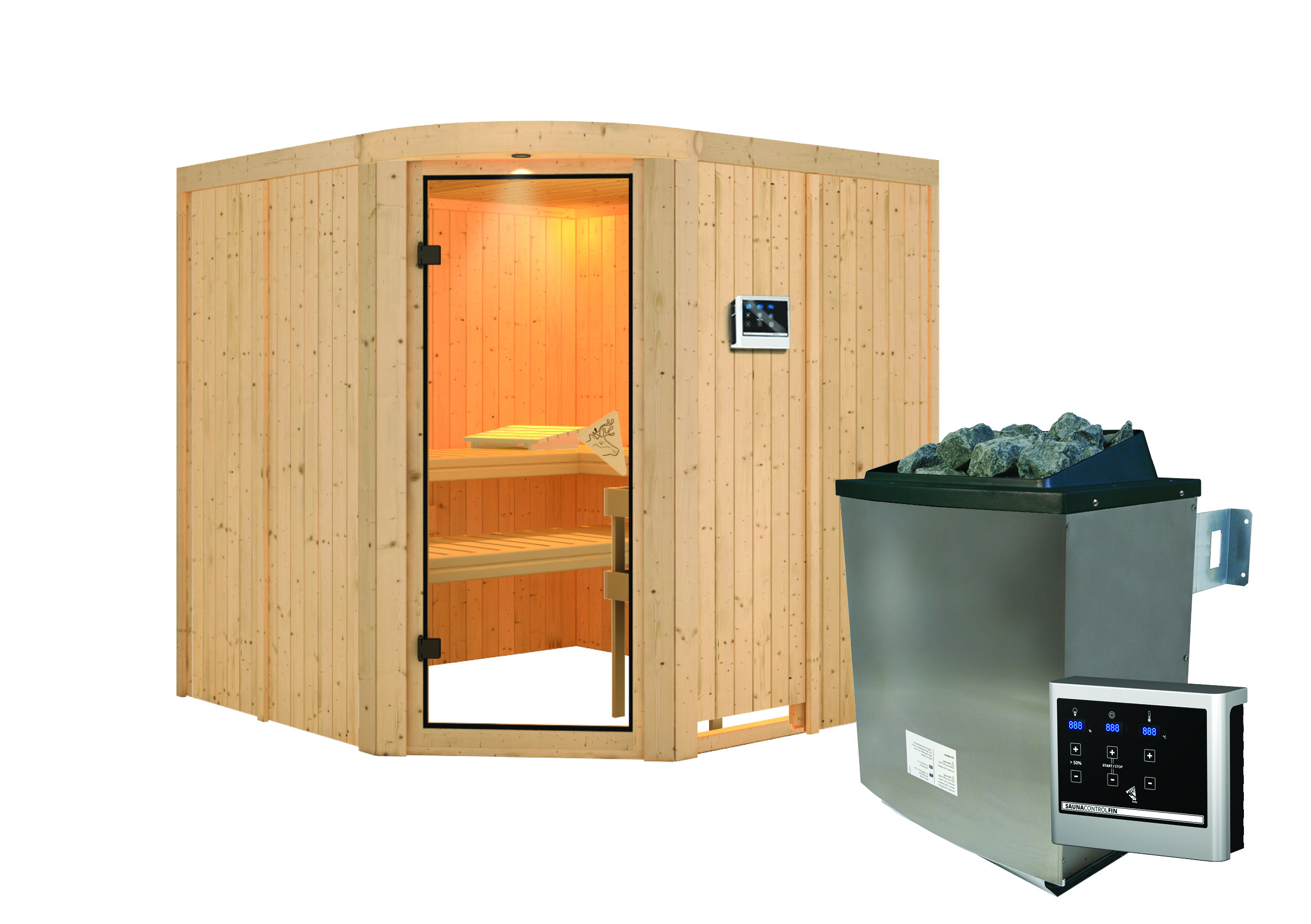 Innenansicht der Karibu Sauna Kenai mit Liegen und Kopfstütze aus hellem Espenholz