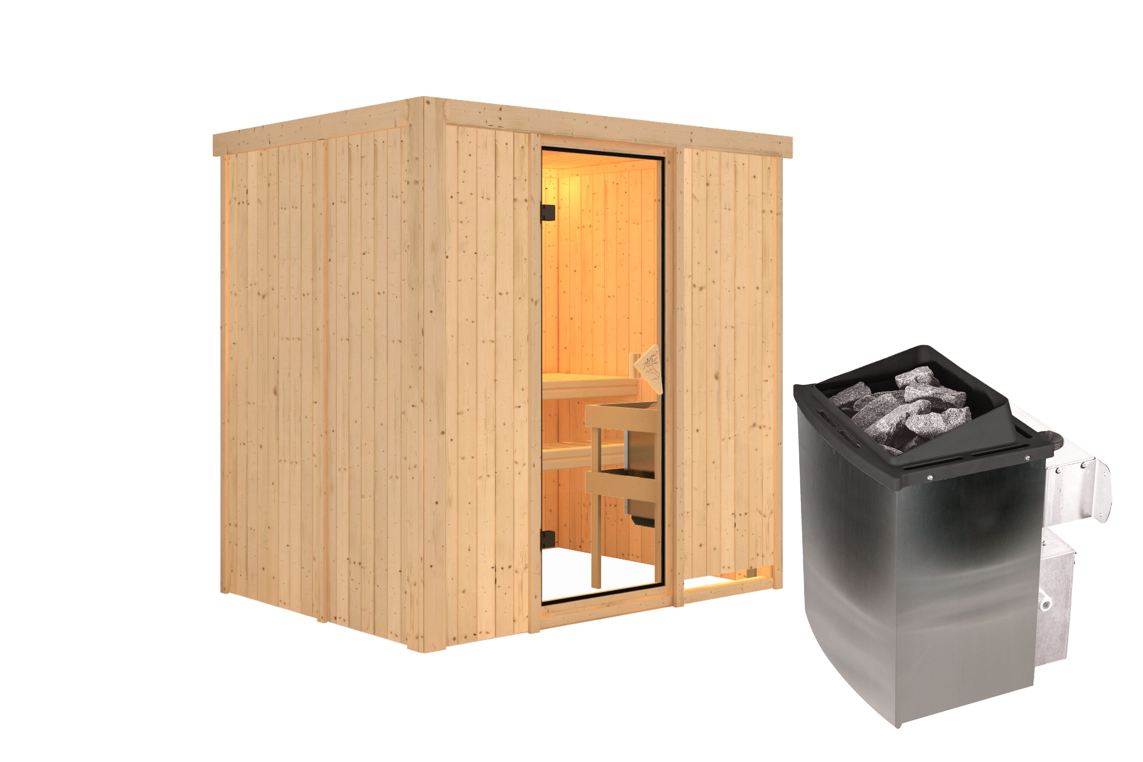 Innenansicht der Karibu Sauna Bodin mit Liegen und Kopfstütze aus hellem Espenholz