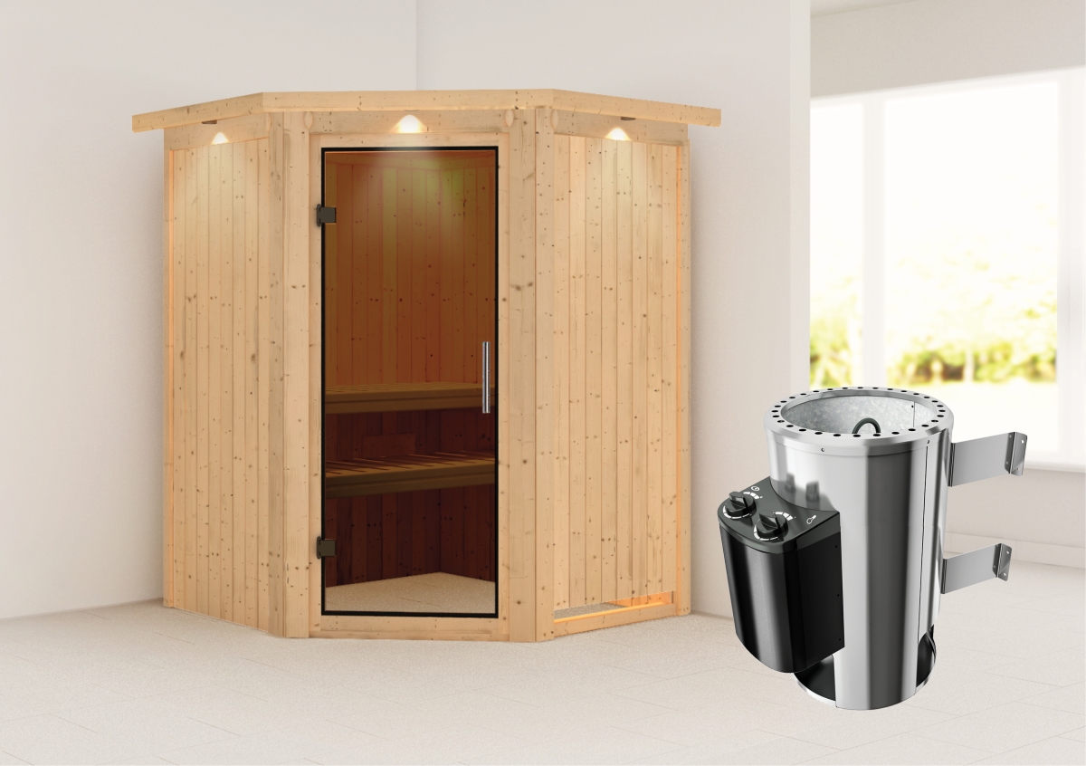 Außenansicht der Karibu Sauna Nanja aus nordischer Fichte mit graphitfarbener Ganzglastür und Fronteinstieg