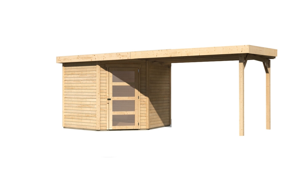 Karibu Gerätehaus Schwandorf 5 in Naturbelassen und Anbaudach, Freisteller