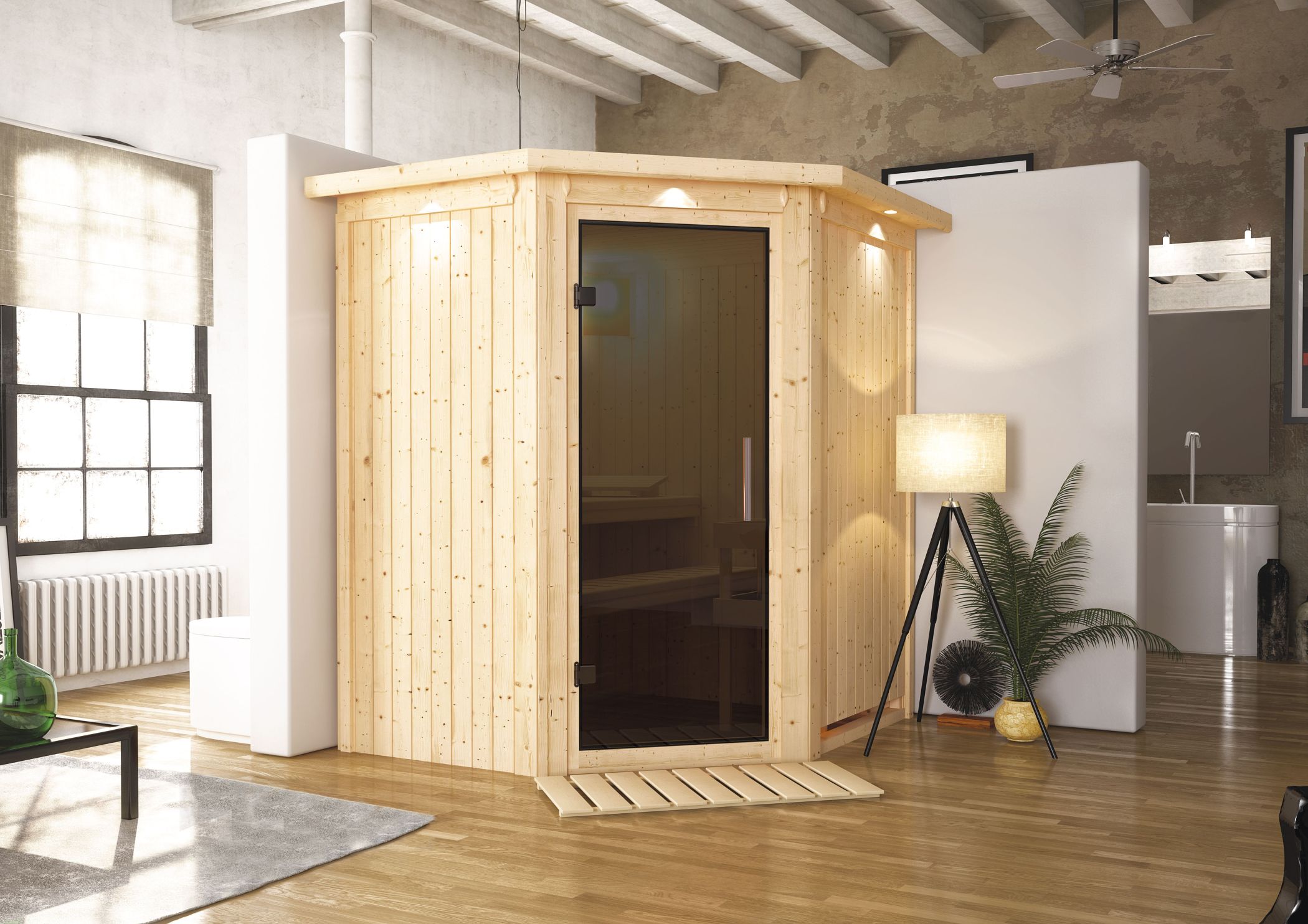 Karibu Sauna Tonja als hochwertige Sauna aus nordischer Fichte im Wohnraum-Ambiente