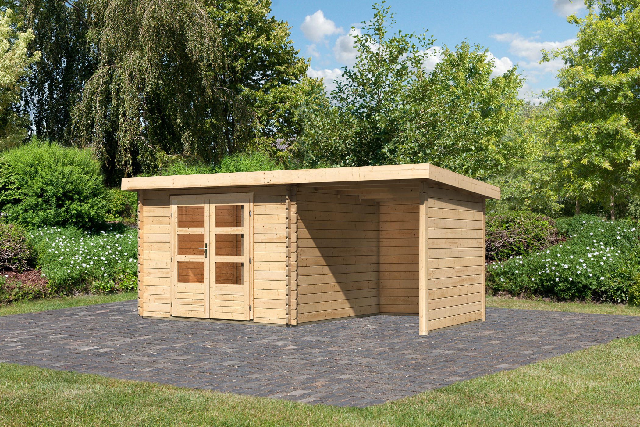 Karibu Gartenhaus Bastrup 5 in Naturbelassen und Anbaudach, Außenansicht