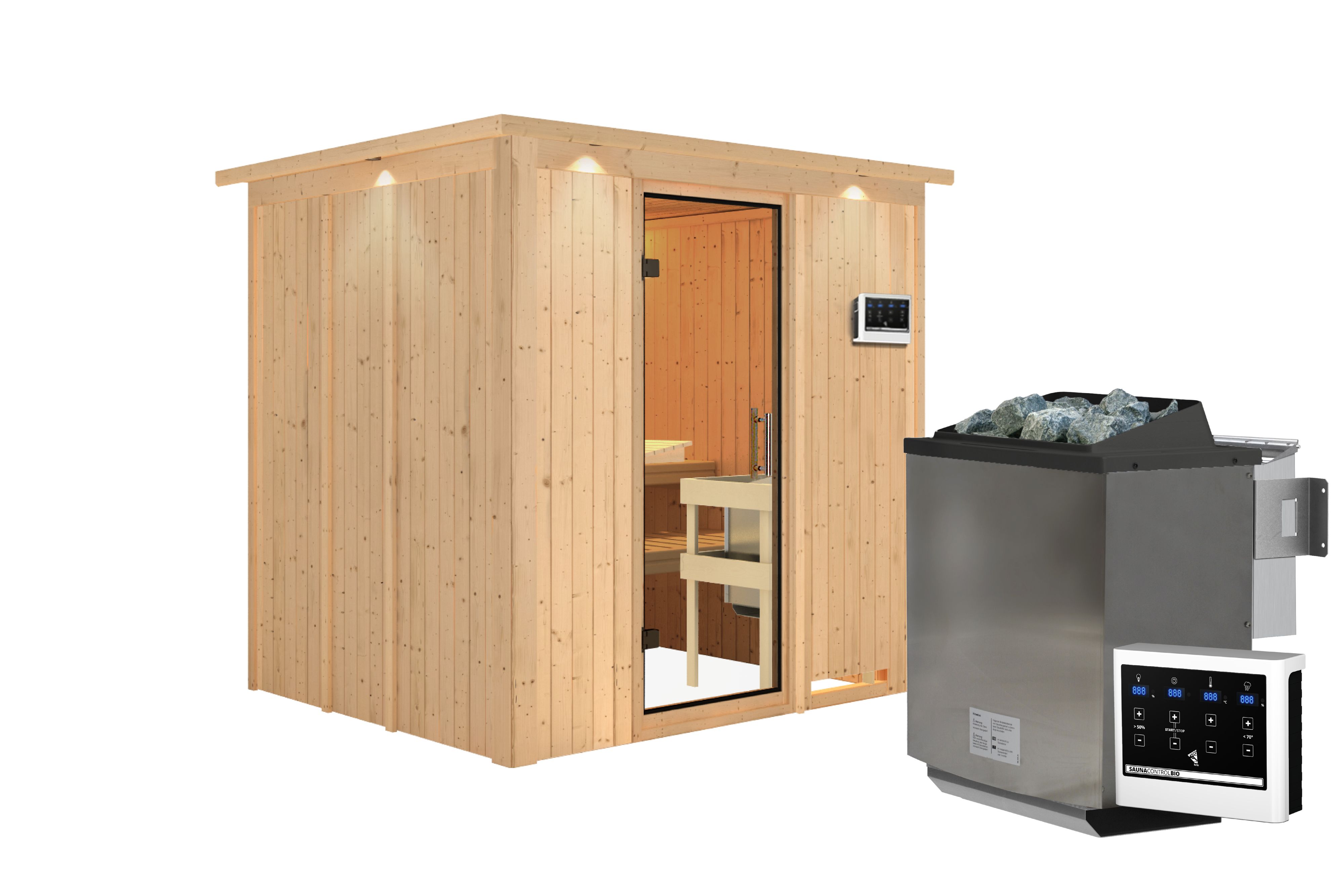 Innenansicht der Karibu Sauna Sodin mit Liegen und Kopfstütze aus hellem Espenholz