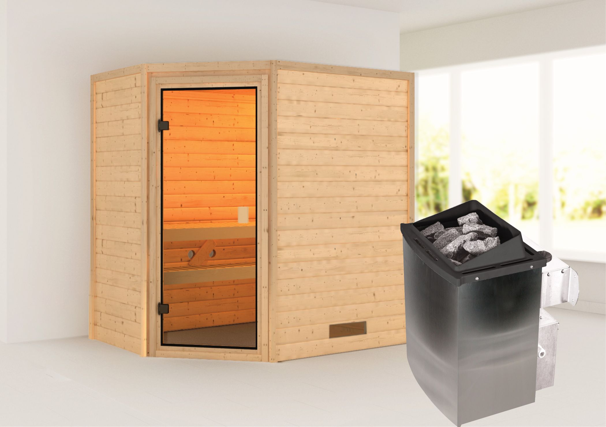 Außenansicht der Karibu Sauna Jella aus nordischer Fichte mit Ganzglastür und Fronteinstieg