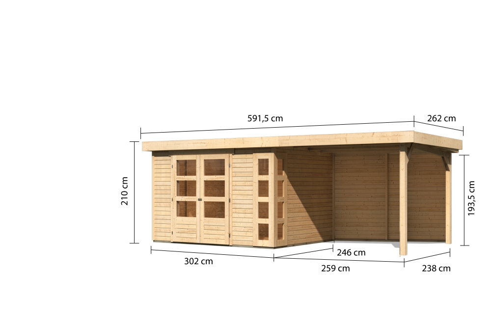 Bemaßte Maßzeichnung des Karibu großes Gerätehaus Kerko 5 mit Anbaudach, 592 × 262 cm