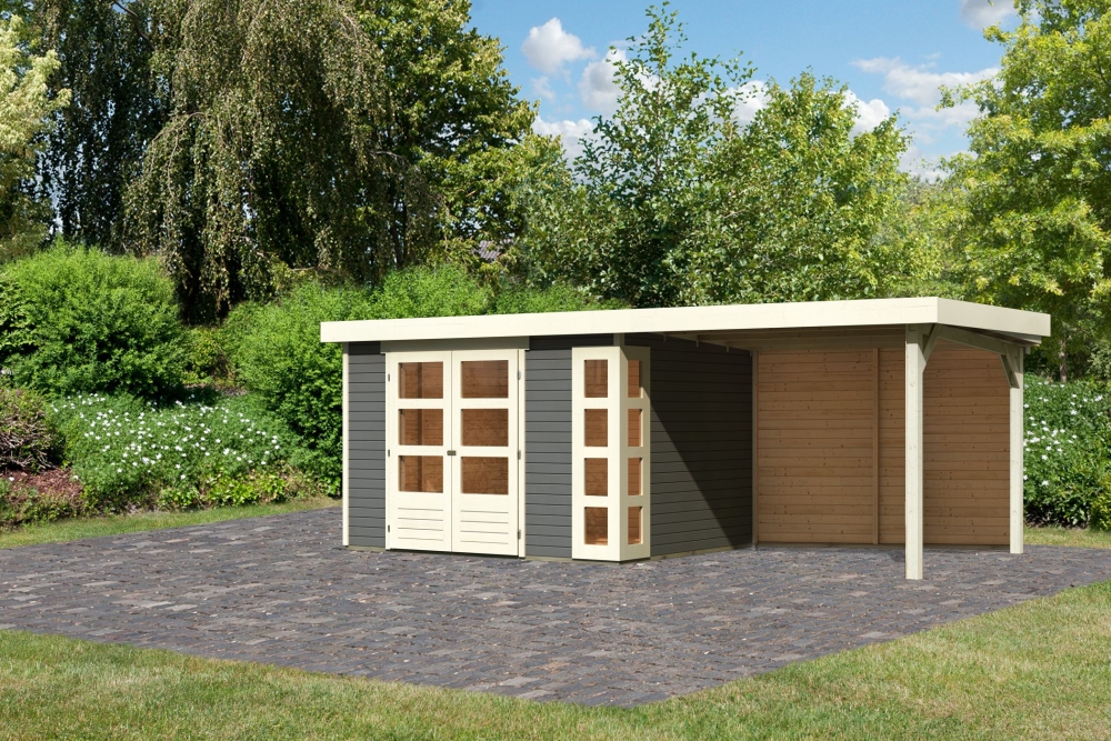 Karibu großes Gerätehaus Kerko 5 in Terragrau und Anbaudach, Außenansicht