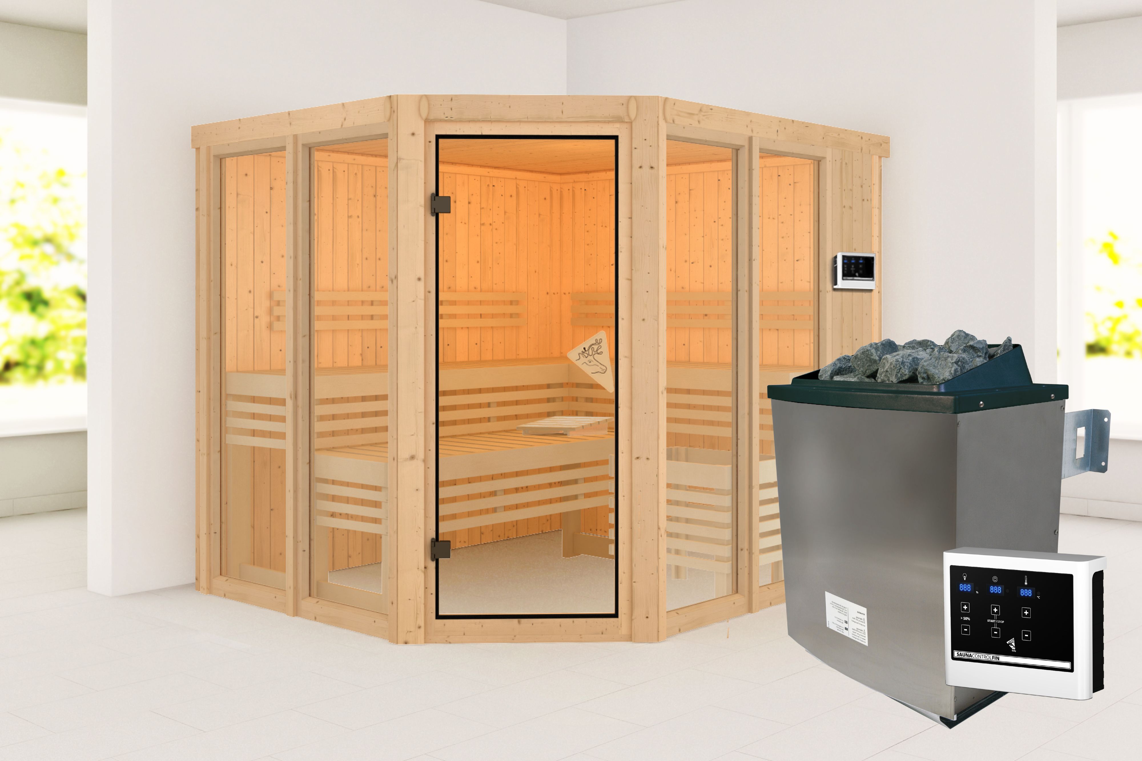 Außenansicht der Karibu Sauna Ainur aus nordischer Fichte mit Ganzglastür und Fronteinstieg