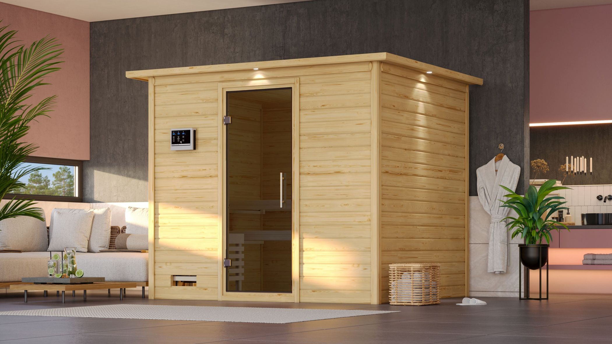 Karibu Sauna Sonara als hochwertige Sauna aus nordischer Fichte im Wohnraum-Ambiente