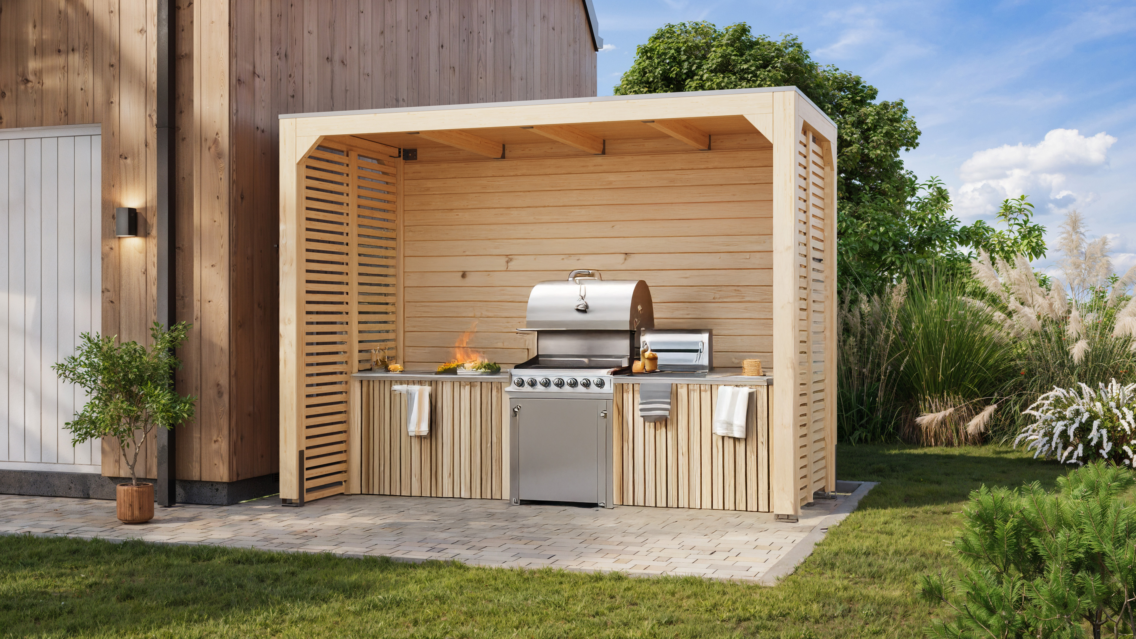 Karibu Grillpavillon mit Outdoorküche in Benutzung im Garten als stimmungsvolle Ambiente-Ansicht