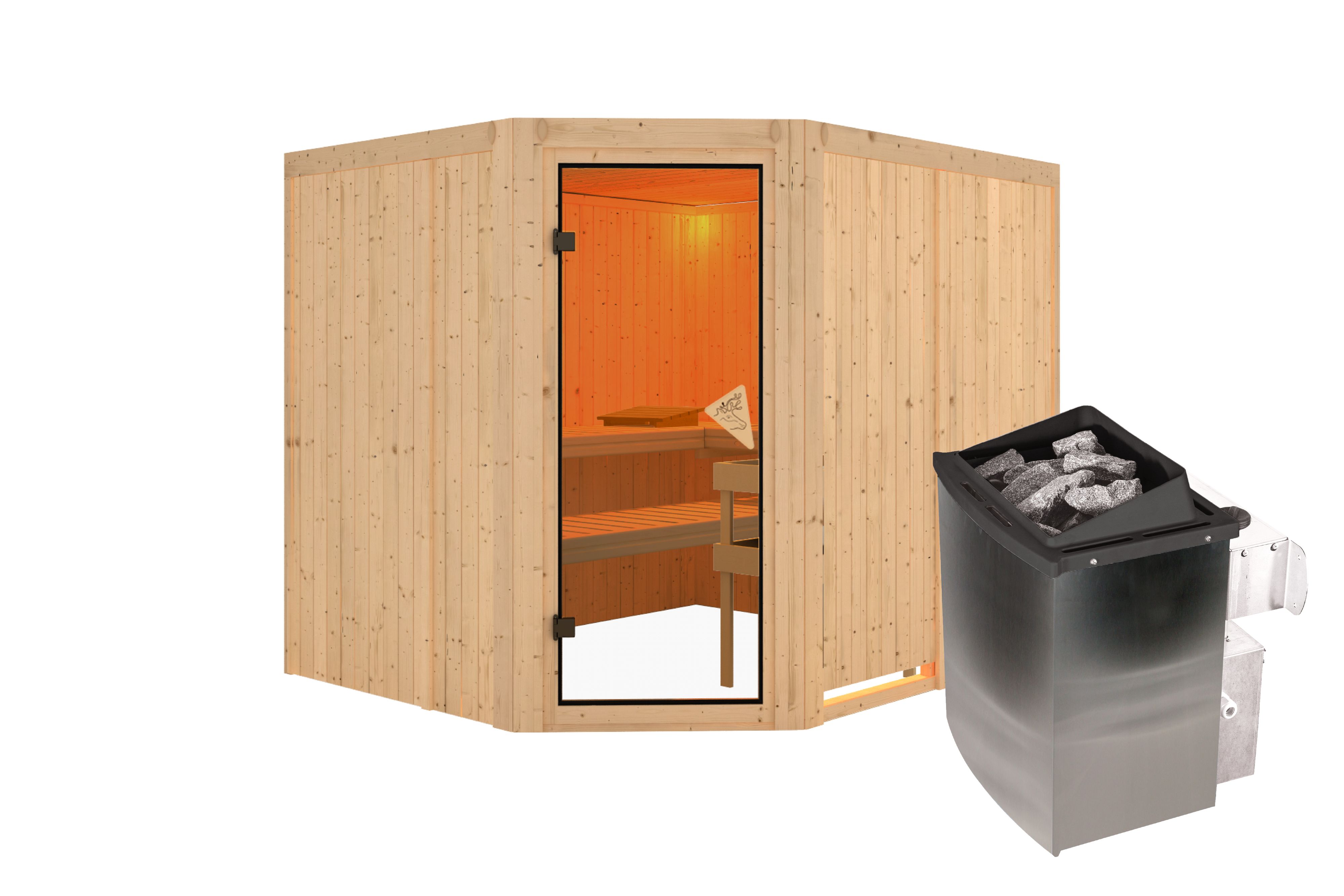 Innenansicht der Karibu Sauna Malin mit Liegen und Kopfstütze aus hellem Espenholz