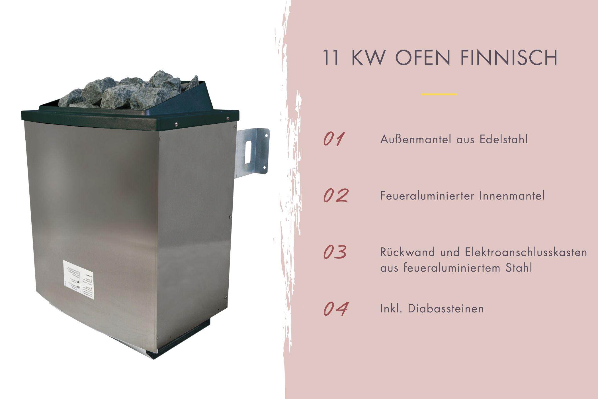 Saunaofen aus Edelstahl inklusive Diabas-Saunasteinen zur Beheizung der Karibu Gartensauna