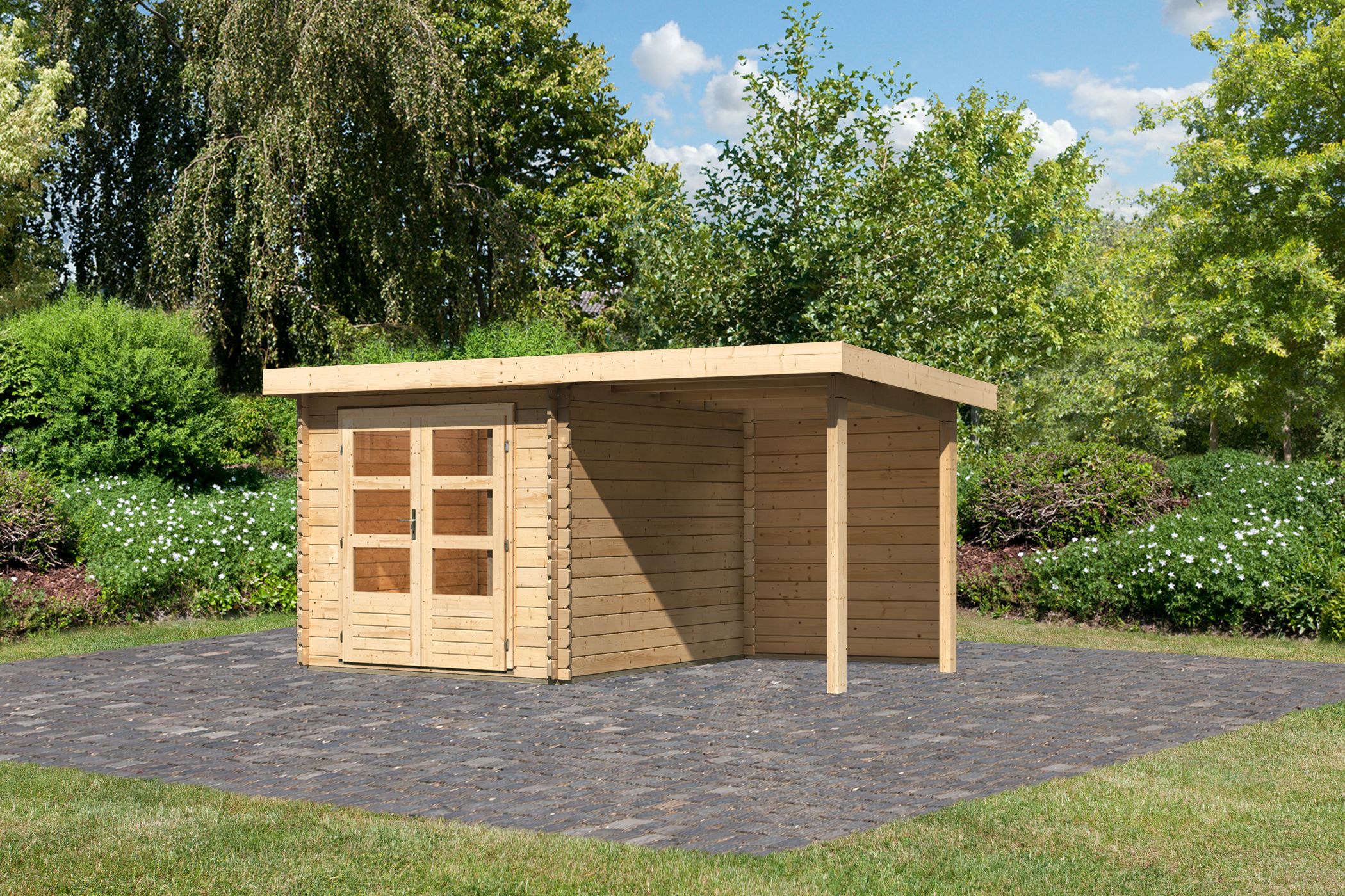 Karibu Gartenhaus Bastrup 4 in Naturbelassen und Anbaudach, Außenansicht