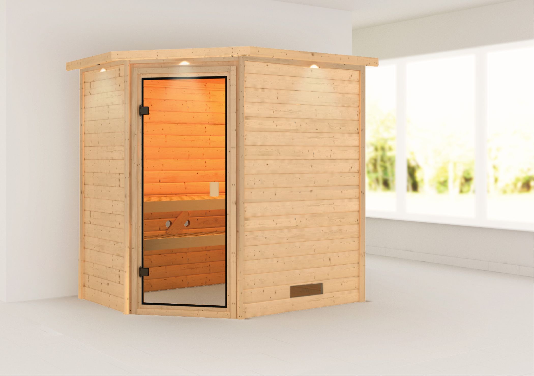 Außenansicht der Karibu Sauna Jella aus nordischer Fichte mit Ganzglastür und Fronteinstieg