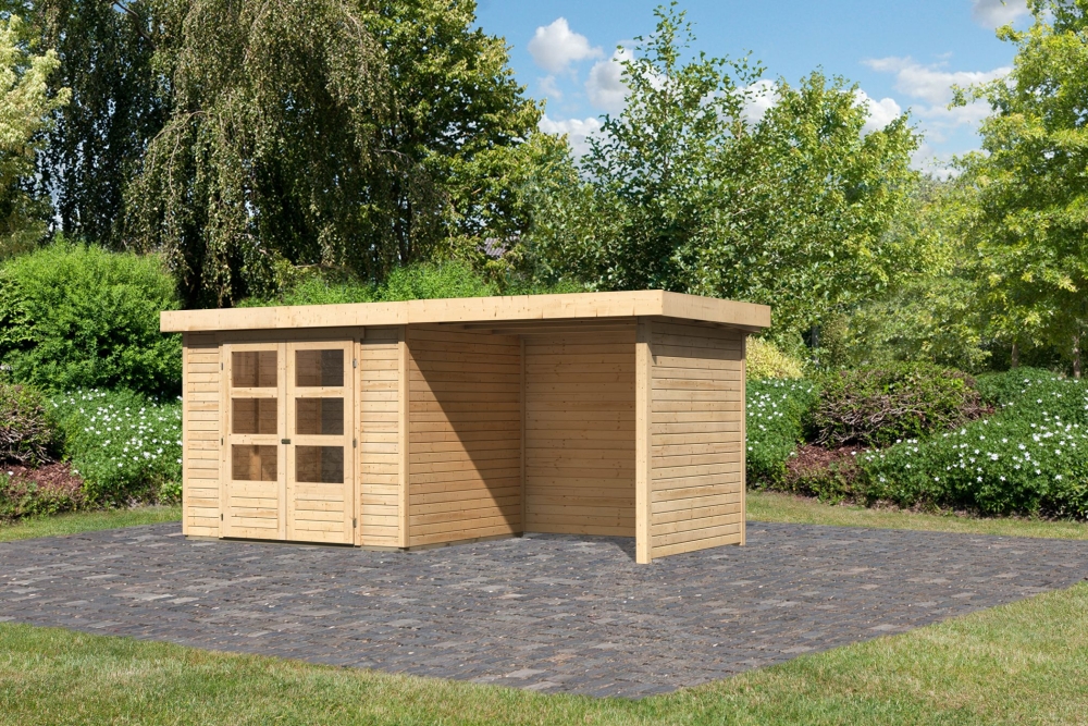 Karibu Gerätehaus Askola 3 in Naturbelassen und Anbaudach, Außenansicht