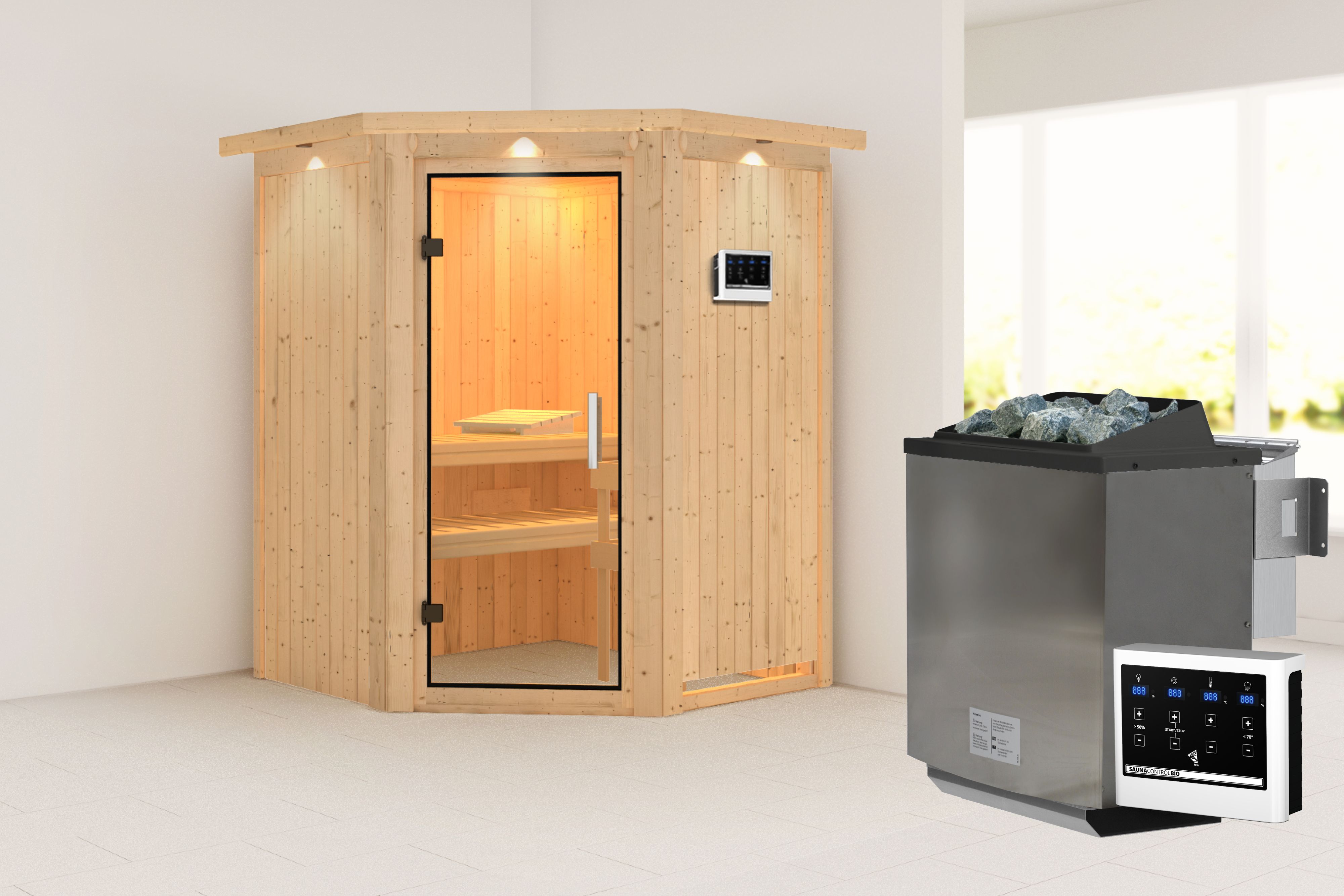 Außenansicht der Karibu Sauna Larin aus nordischer Fichte mit Klarglas-Ganzglastür und Fronteinstieg
