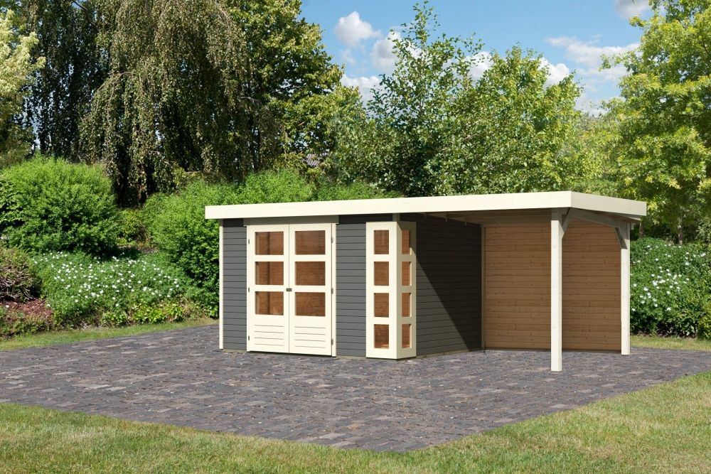 Karibu großes Gerätehaus Kerko 5 in Terragrau und Anbaudach, Außenansicht