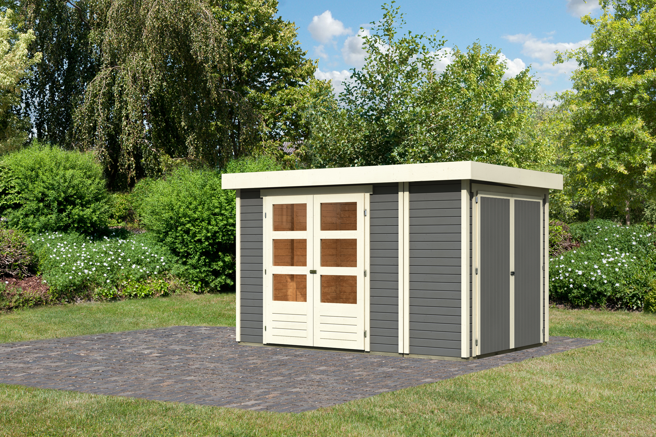 Karibu Gerätehaus Retola 3 in Terragrau, Außenansicht