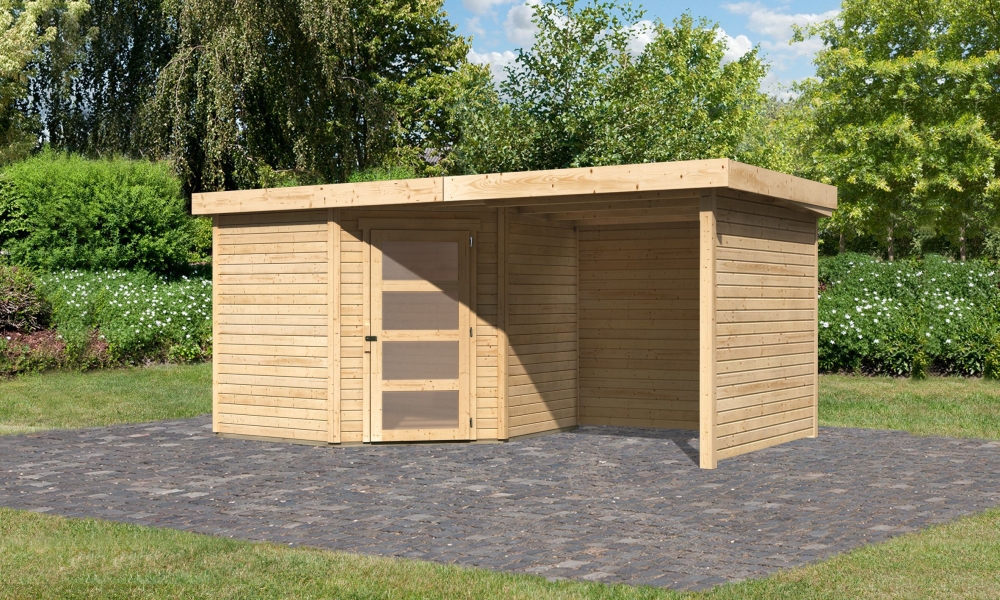Karibu Gerätehaus Schwandorf 5 in Naturbelassen und Anbaudach, Außenansicht