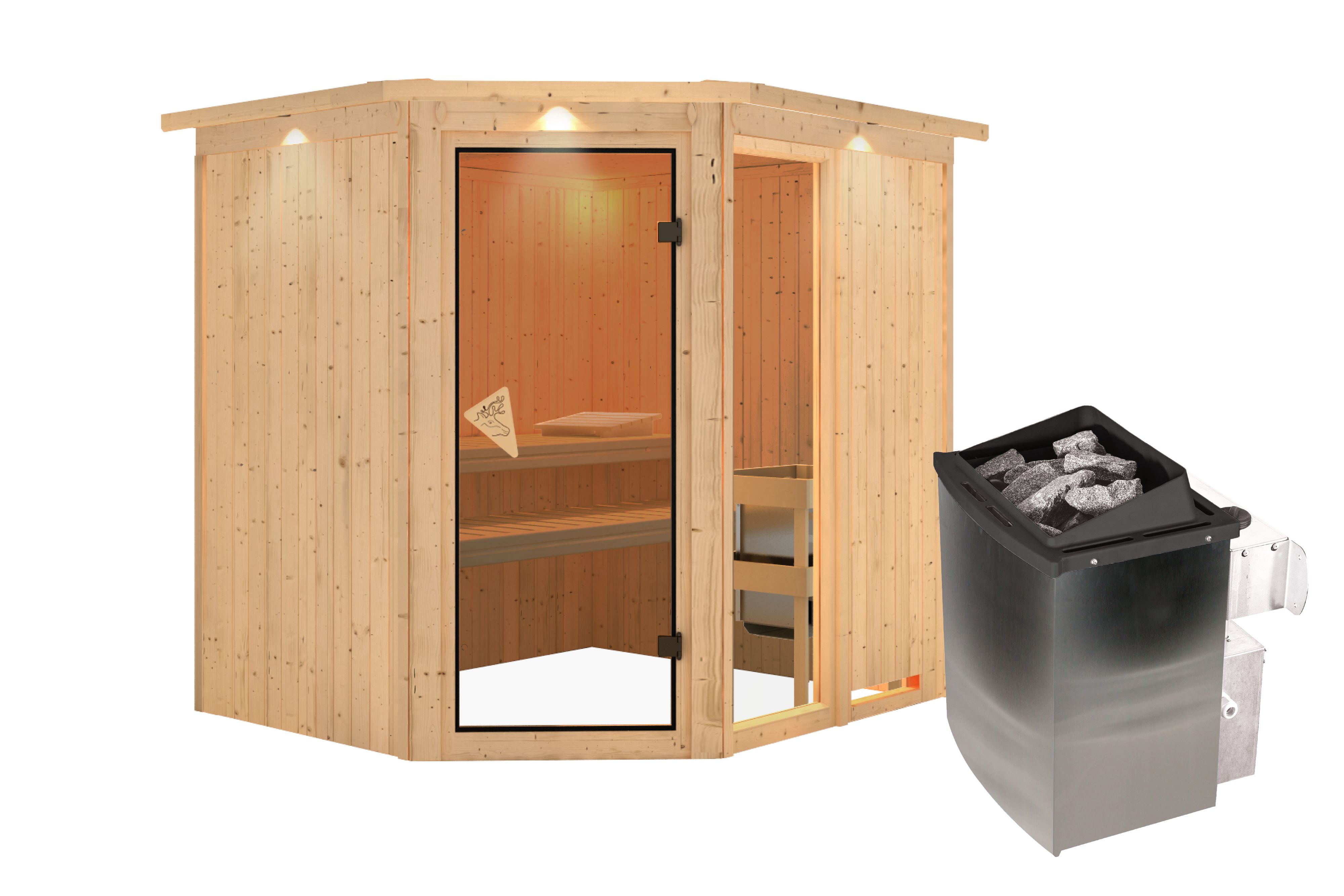 Innenansicht der Karibu Sauna Fiona 2 mit Liegen und Kopfstütze aus hellem Espenholz