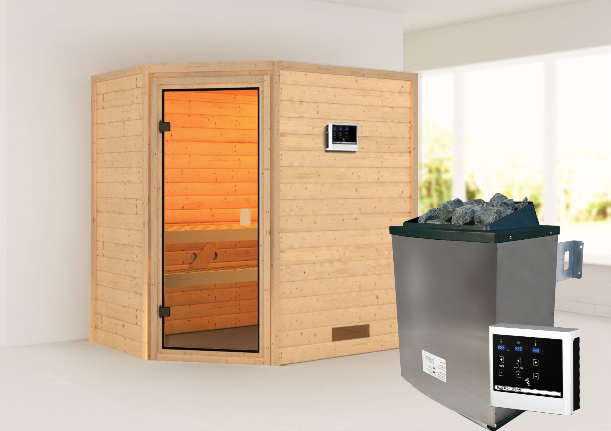 Außenansicht der Karibu Sauna Jella aus nordischer Fichte mit Ganzglastür und Fronteinstieg