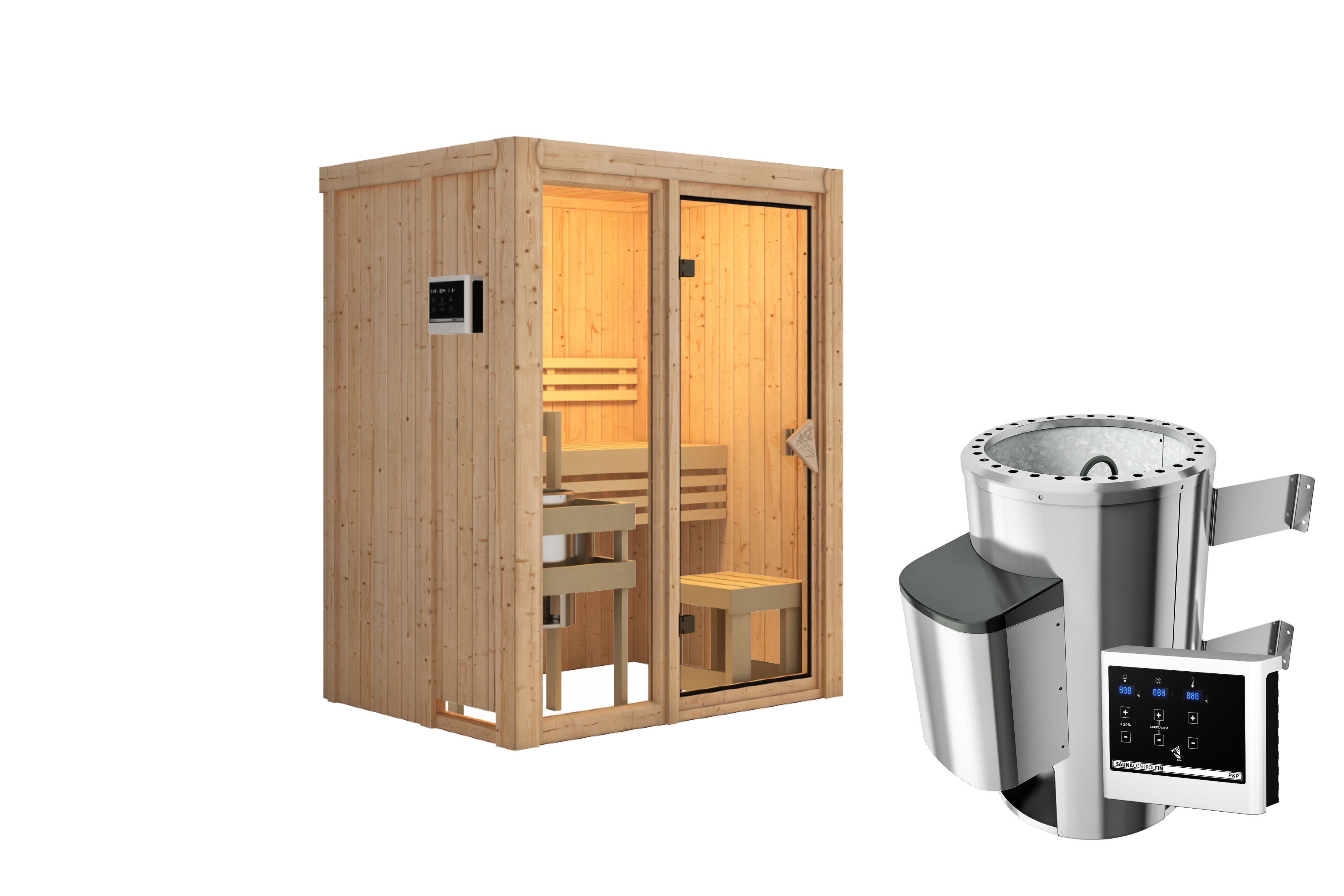 Innenansicht der Karibu Sauna Avari 1 mit Liegen und Kopfstütze aus hellem Espenholz