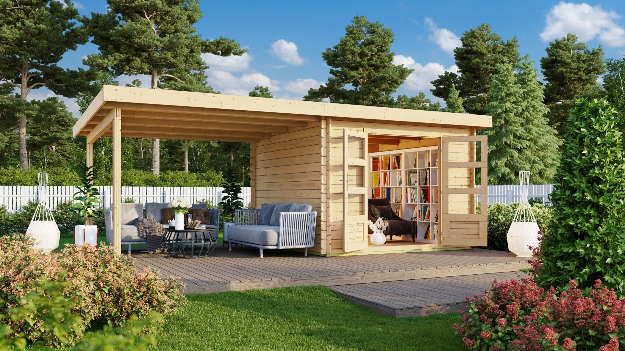 Karibu Gartenhaus Bastrup 5 mit Anbaudach im Garten