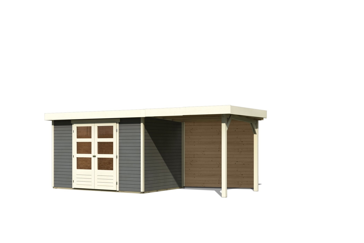 Karibu Gerätehaus Askola 4 in Terragrau und Anbaudach, Freisteller