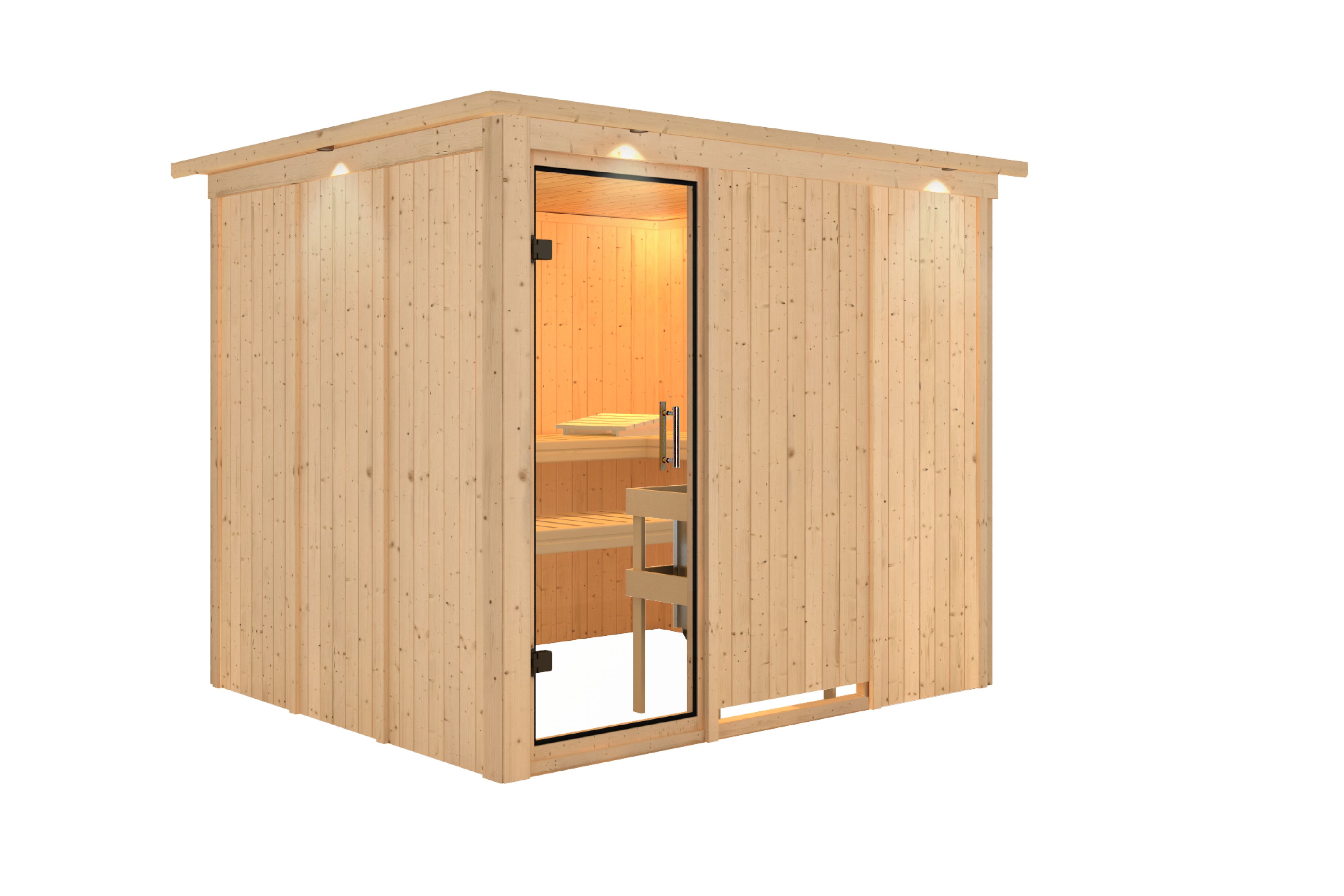 Innenansicht der Karibu Sauna Gobin mit Liegen und Kopfstütze aus hellem Espenholz