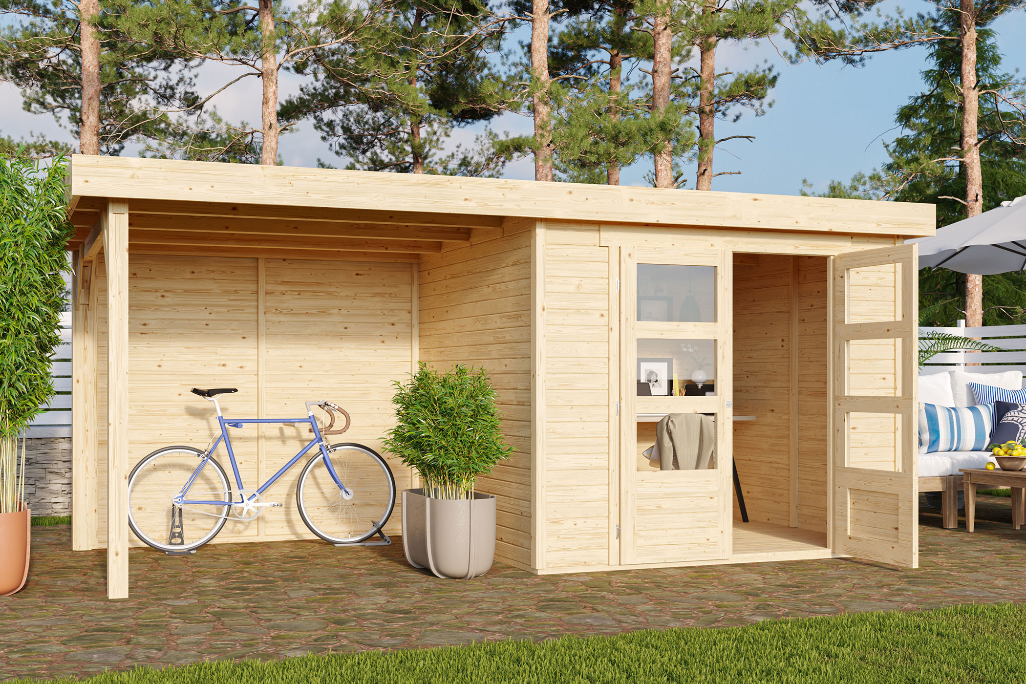 Karibu Gerätehaus Askola 3 in Naturbelassen und Anbaudach im Garten