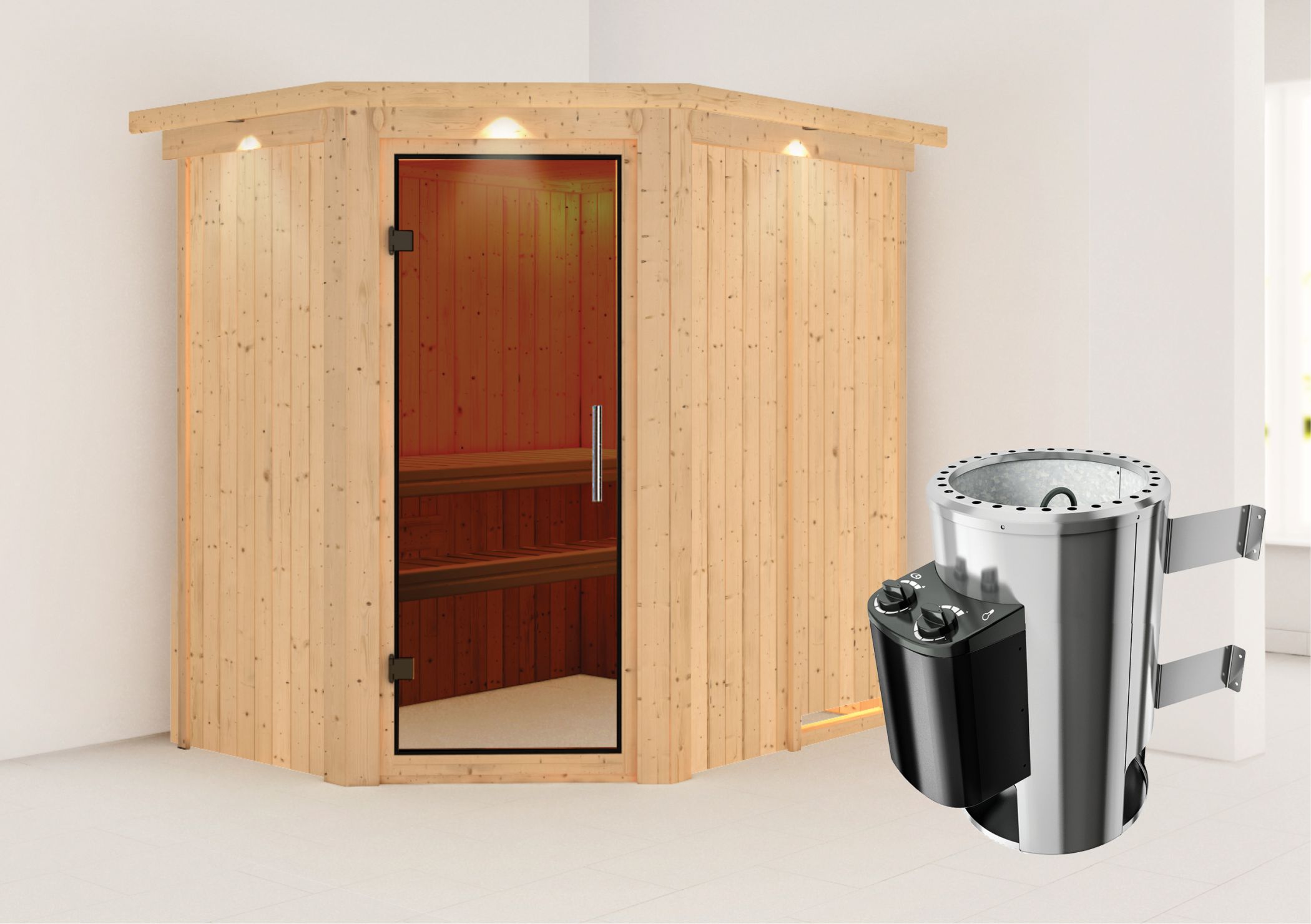 Außenansicht der Karibu Sauna Saja aus nordischer Fichte mit Ganzglastür und Fronteinstieg