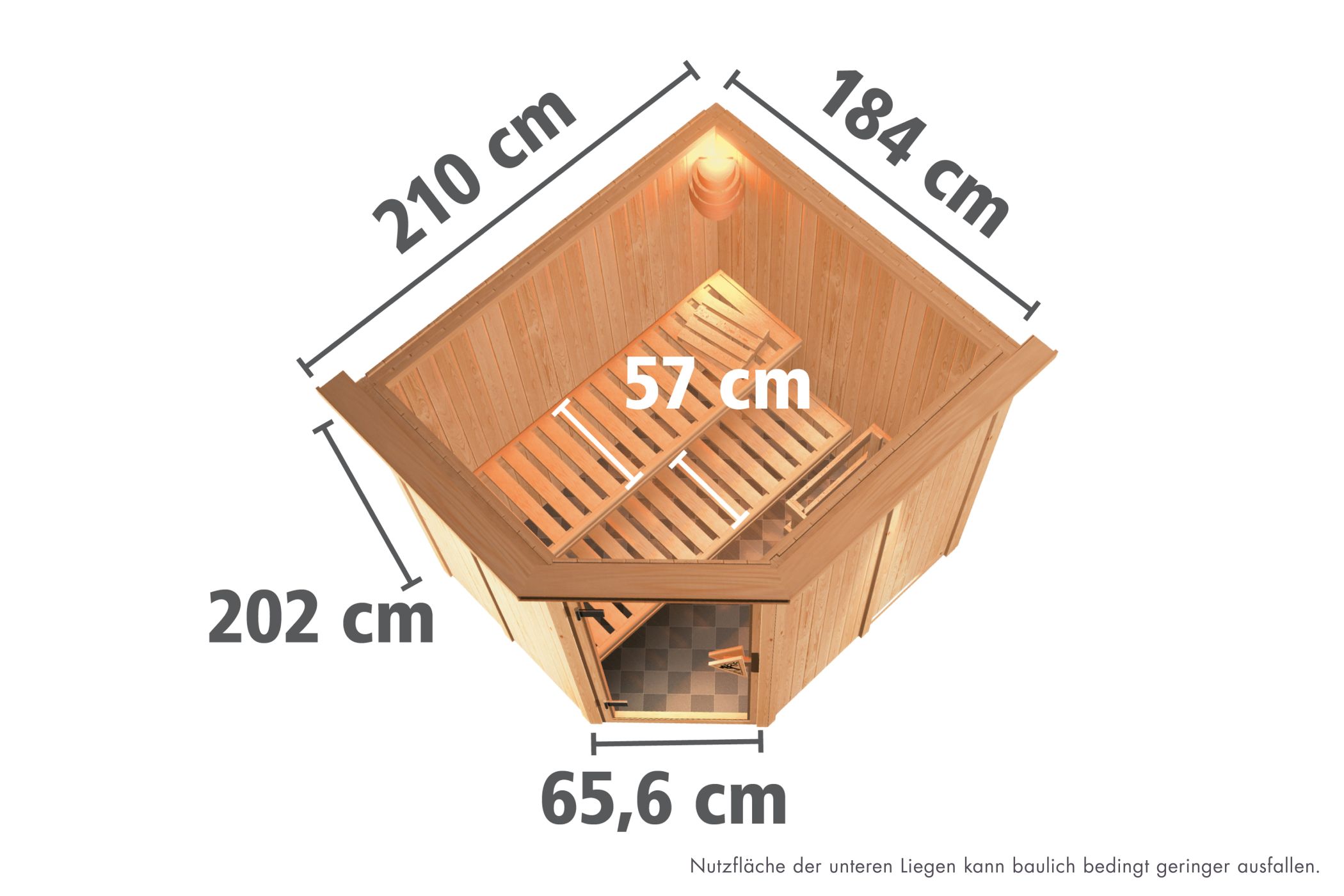 Maßzeichnung der Karibu Sauna Siirin Dachkranzmodell mit Außenmaß 210 × 184 cm und Höhe 202 cm