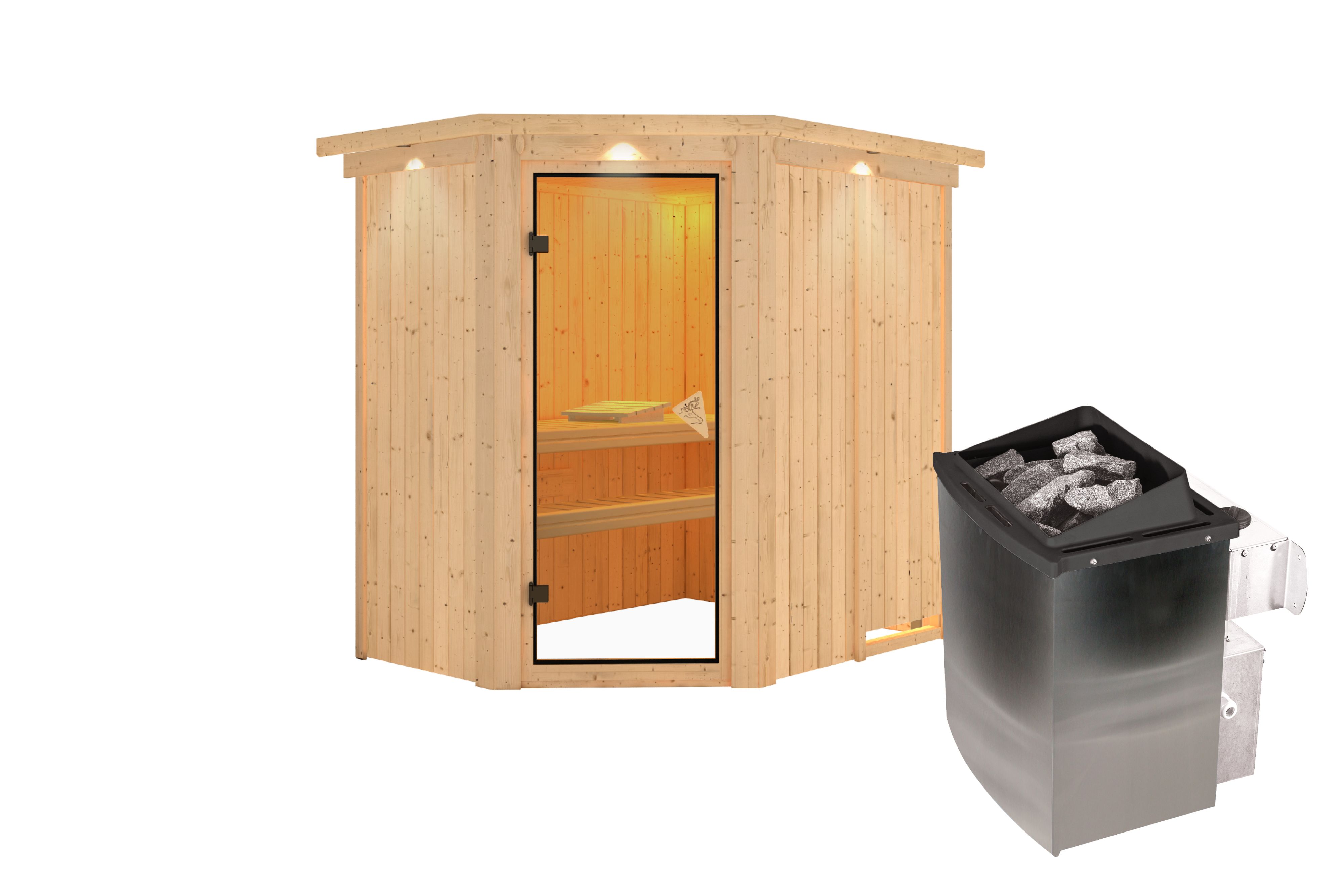Innenansicht der Karibu Sauna Carin mit Liegen und Kopfstütze aus hellem Espenholz