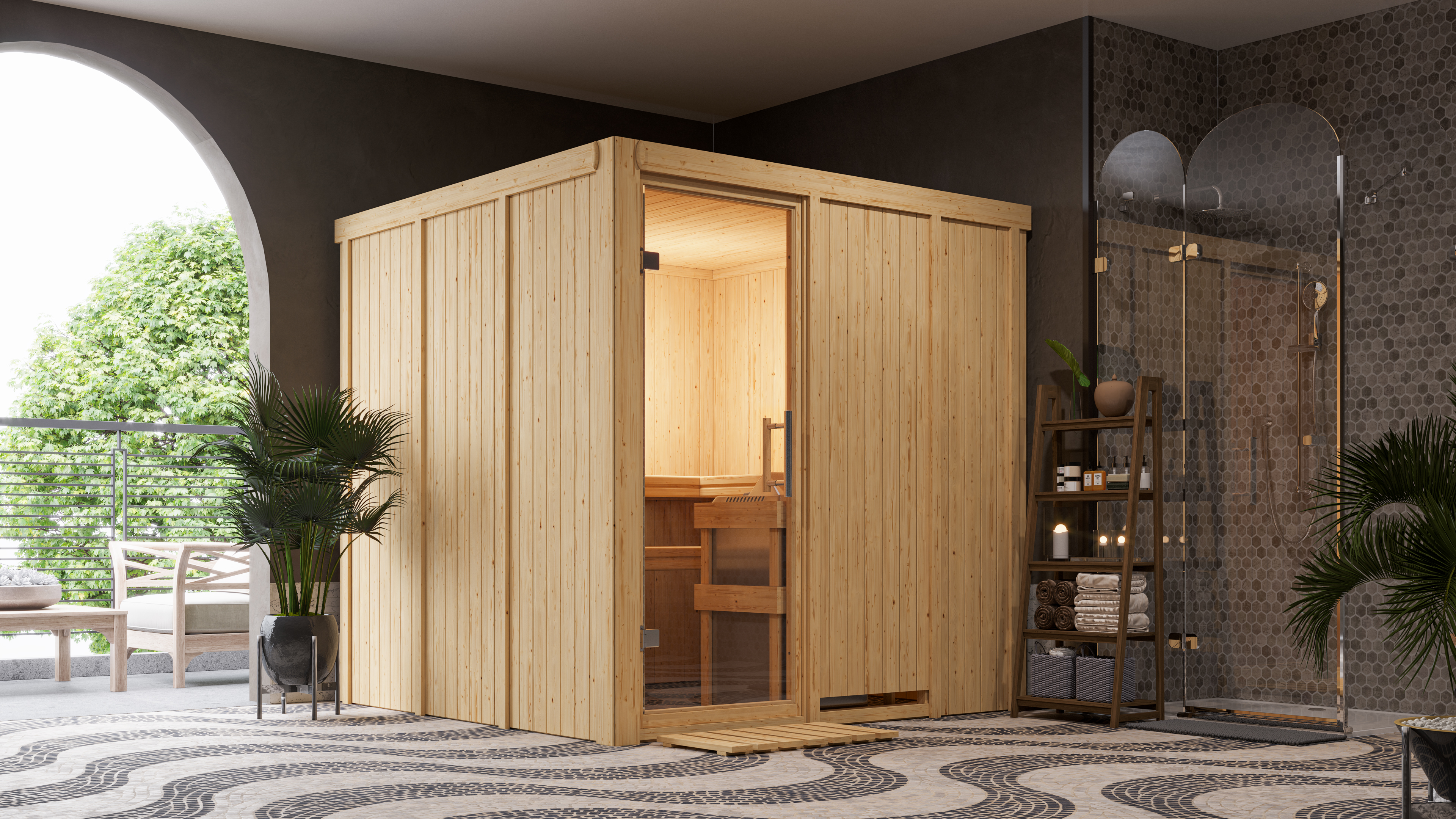 Karibu Sauna Rodin als stimmungsvoller Wellnessbereich in einem modern eingerichteten Wohnraum