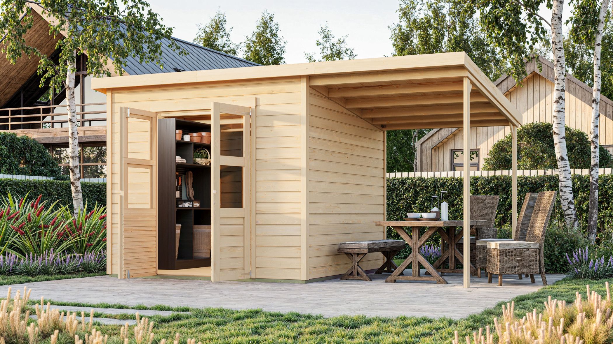Karibu Gerätehaus Merseburg 6 in Naturbelassen und Anbaudach im Garten
