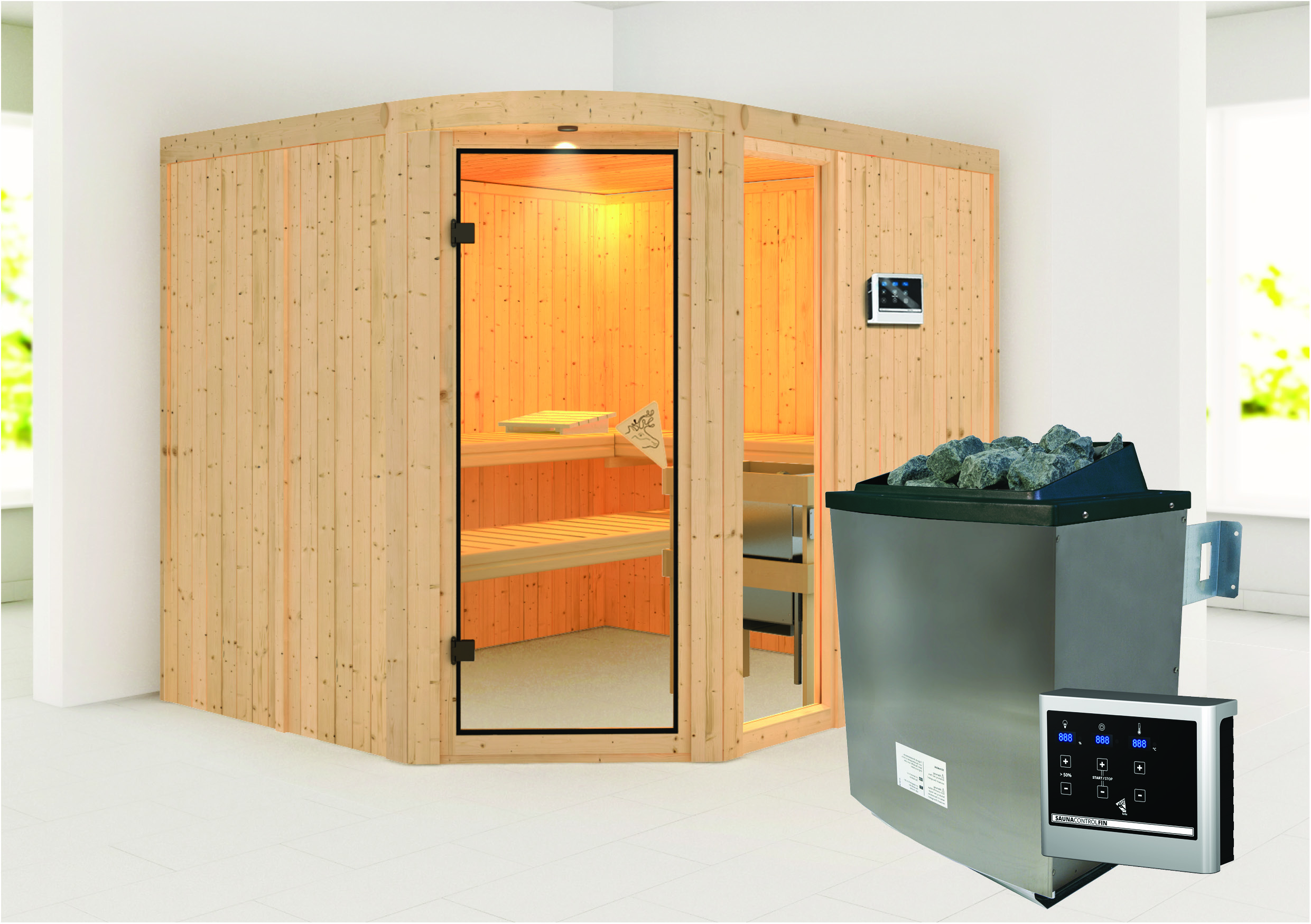 Außenansicht der Karibu Sauna Kodiak aus nordischer Fichte mit Ganzglastür und Fronteinstieg