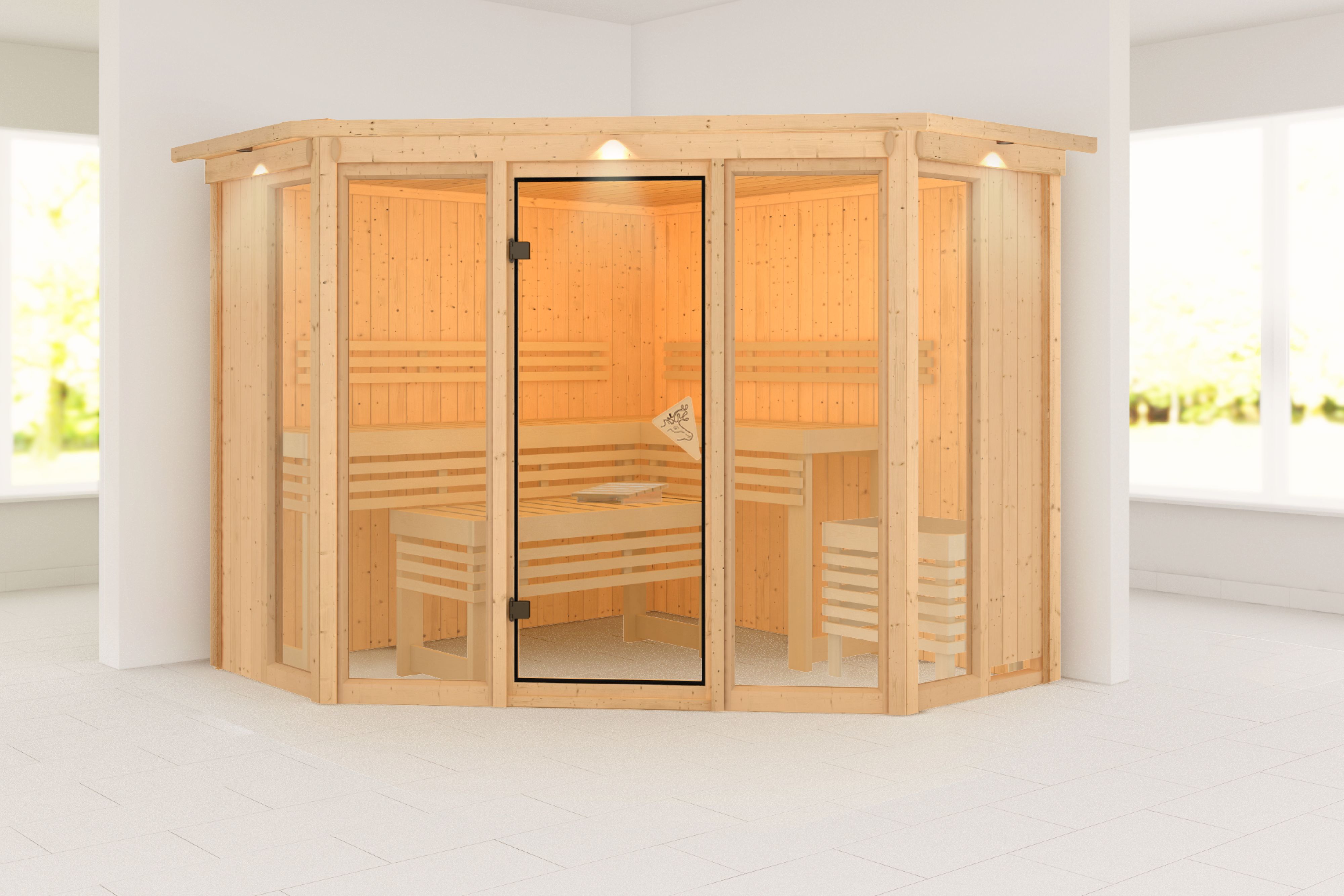 Außenansicht der Karibu Sauna Alcinda aus nordischer Fichte mit Ganzglastür und Fronteinstieg