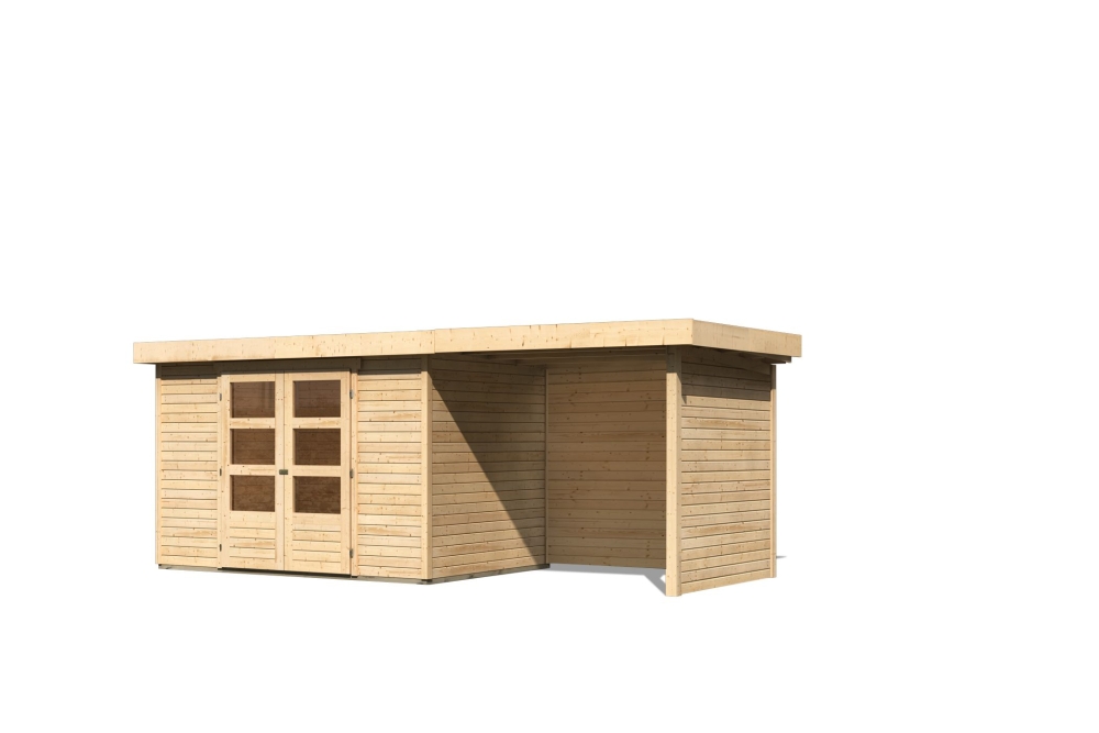 Karibu Gerätehaus Askola 4 in Naturbelassen und Anbaudach, Freisteller