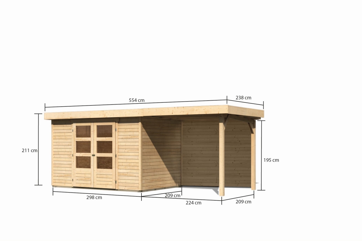 Bemaßte Maßzeichnung des Karibu Gerätehaus Askola 4 mit Anbaudach, 554 × 238 cm