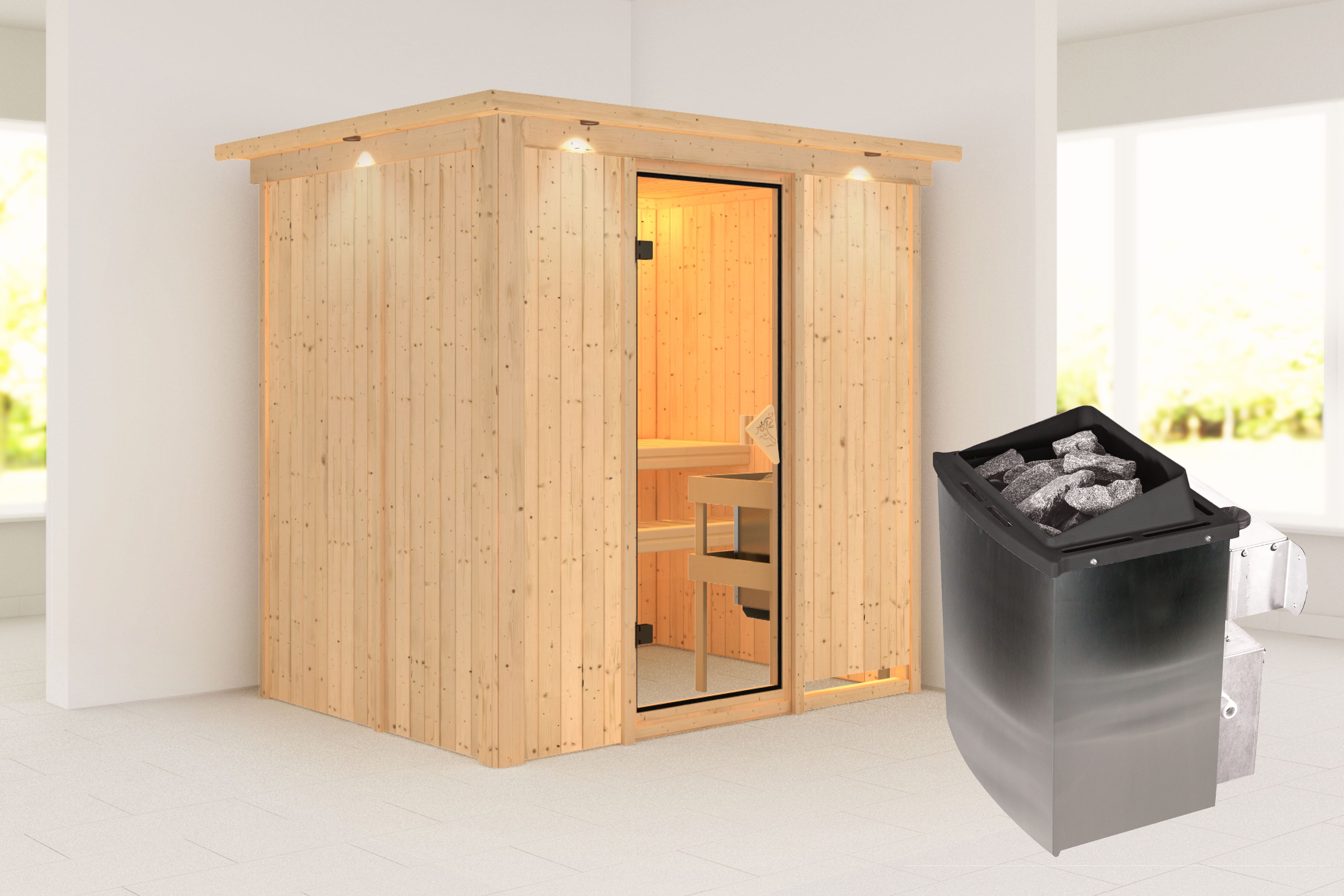 Außenansicht der Karibu Sauna Bodin aus nordischer Fichte mit bronzierter Ganzglastür und Fronteinstieg
